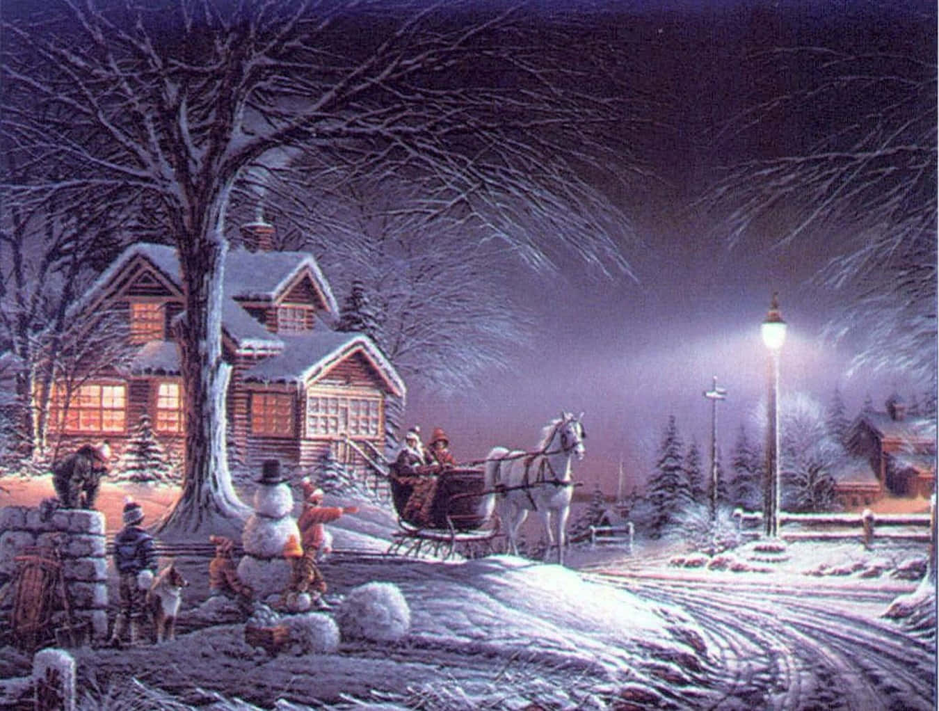 復古聖誕 桌布 壁紙 — 雪夜場景，馬拉雪橇經過一間溫暖亮燈的小屋，孩子們在雪人附近玩耍。