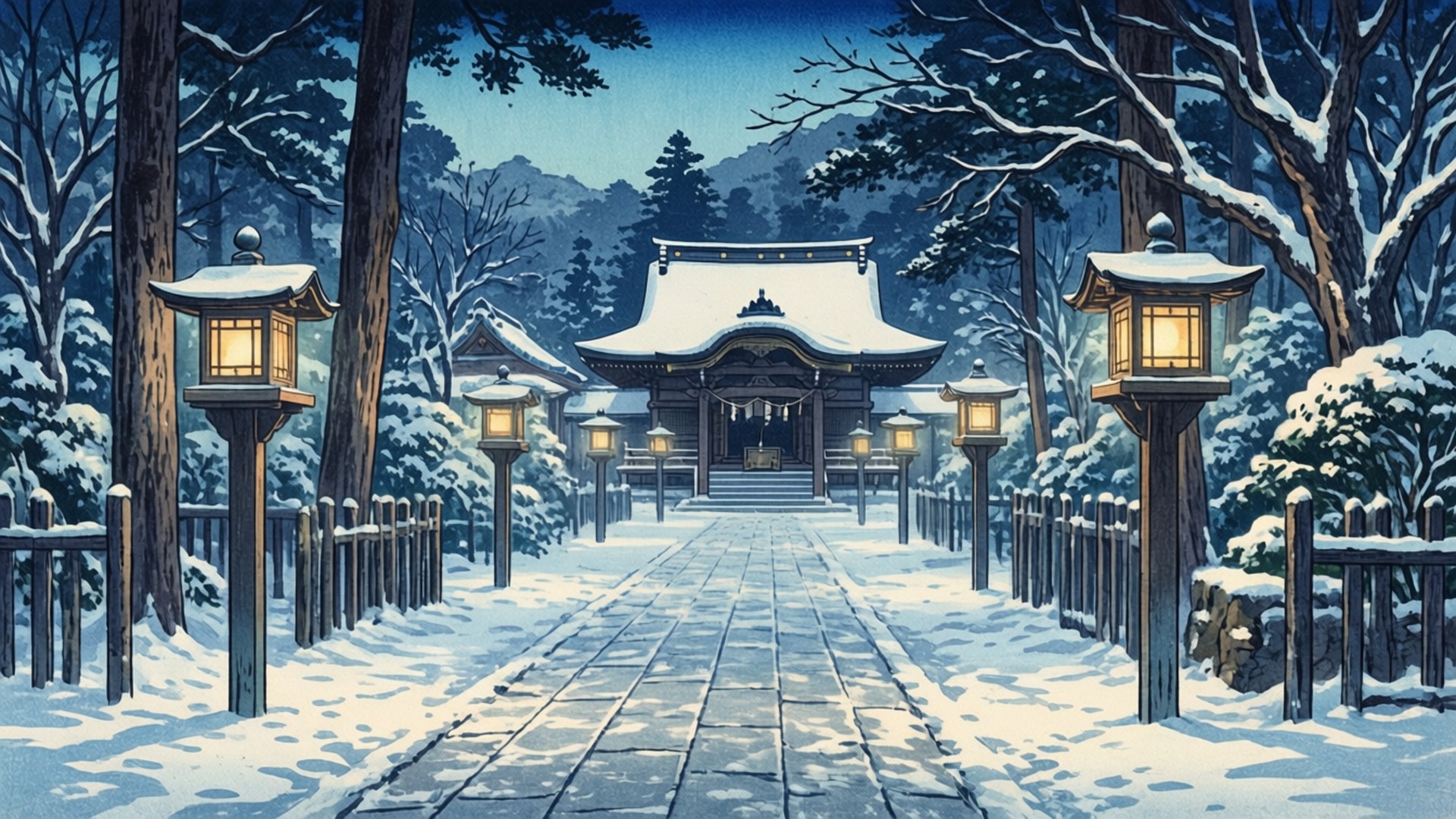 夜晚被發光燈籠照亮的積雪神社小徑。