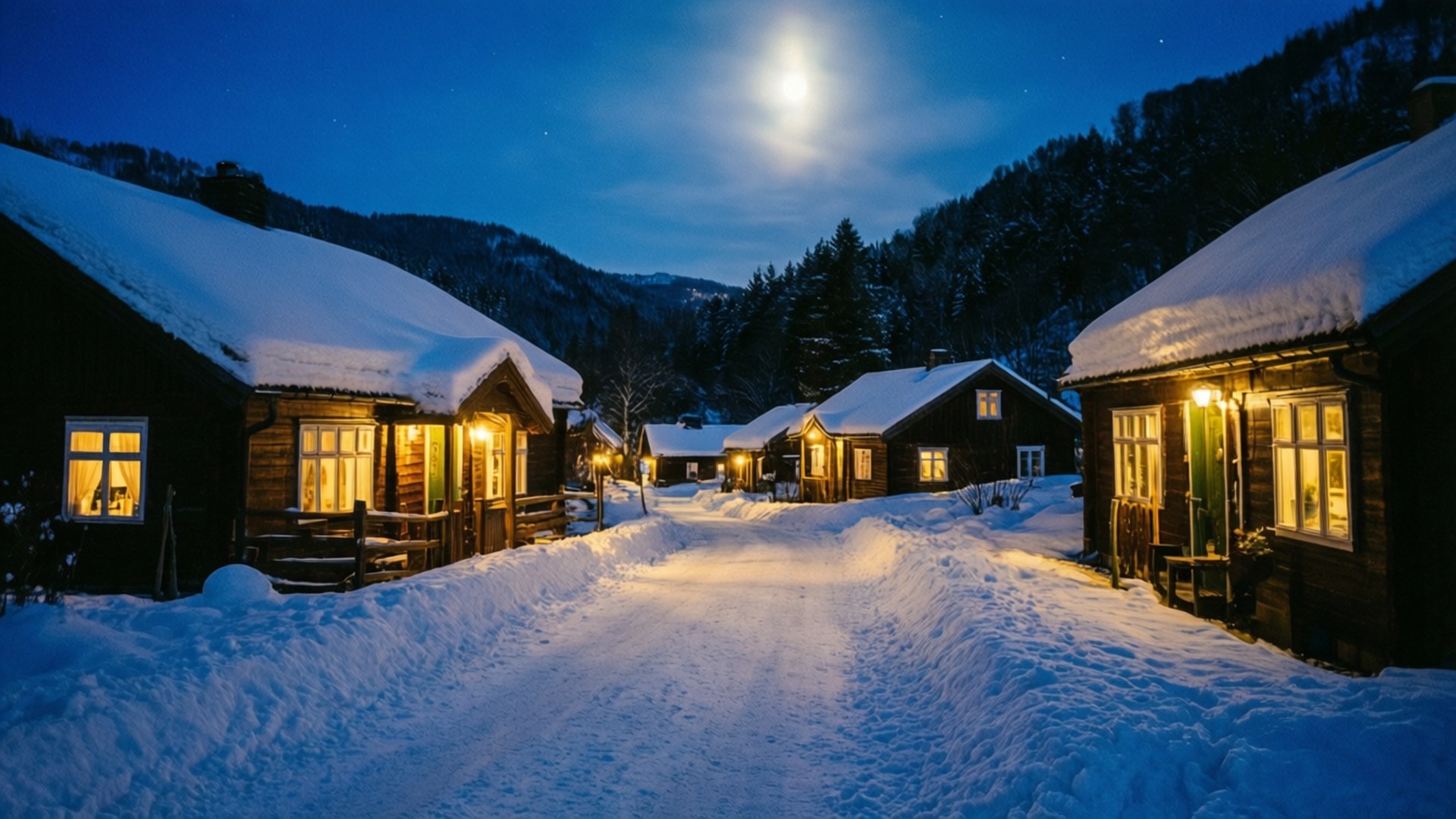 雪夜村莊月光 壁紙