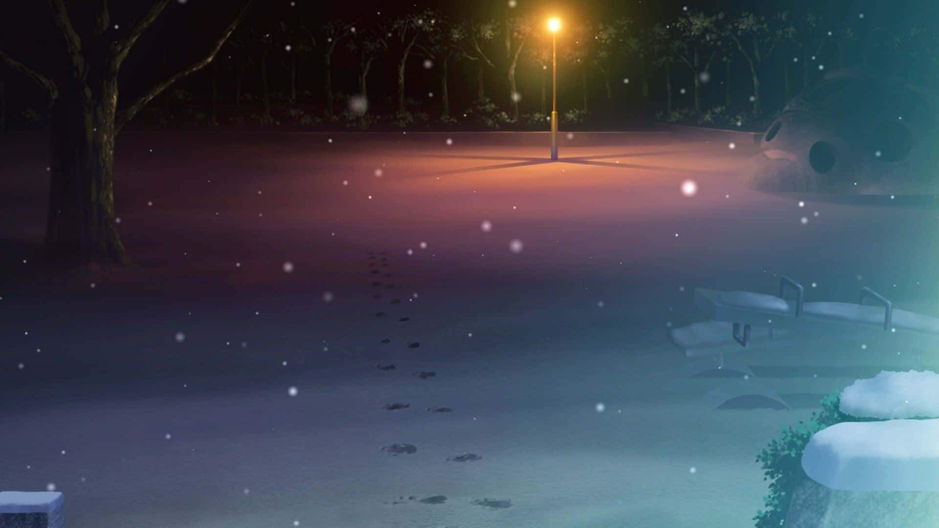 雪夜燈下長椅景色 壁紙