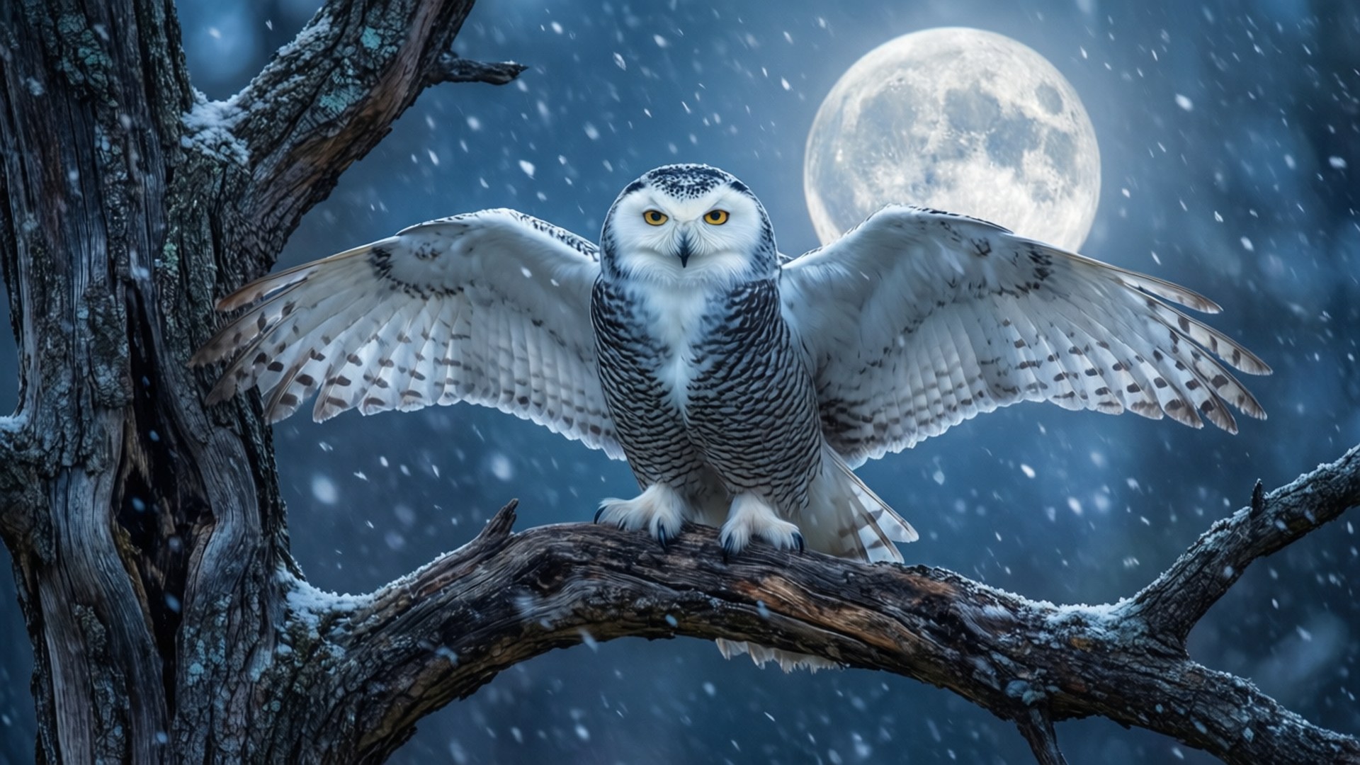 雪夜貓頭鷹月光 壁紙 — 一隻雪鴞展開翅膀，棲息在灑滿雪的樹枝上，滿月下雪花飄落。
