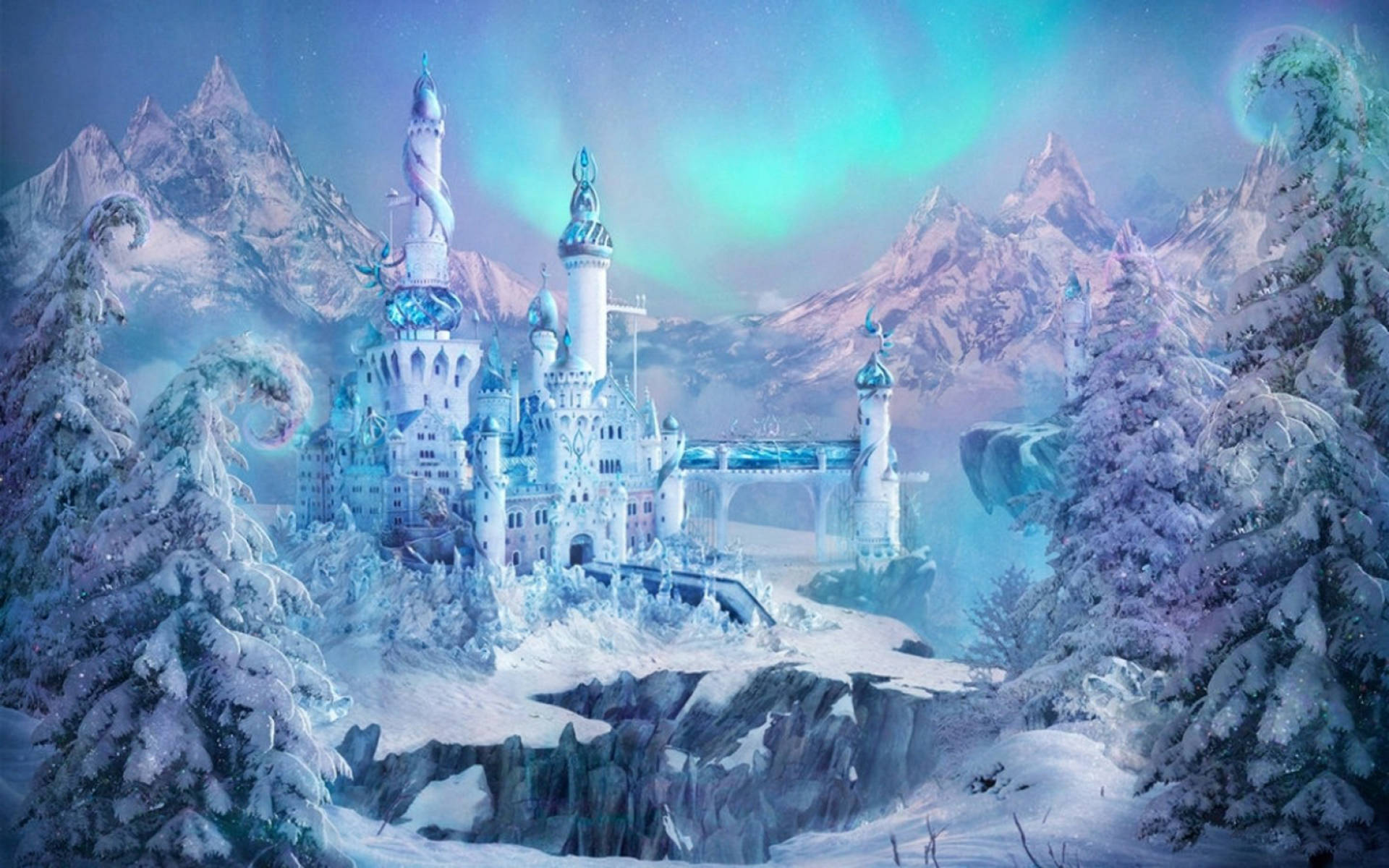 雪女王冰封城堡 壁紙 — 一座雄偉的冰城堡坐落在雪崖上，周圍是白雪覆蓋的松樹，天空閃爍著極光。