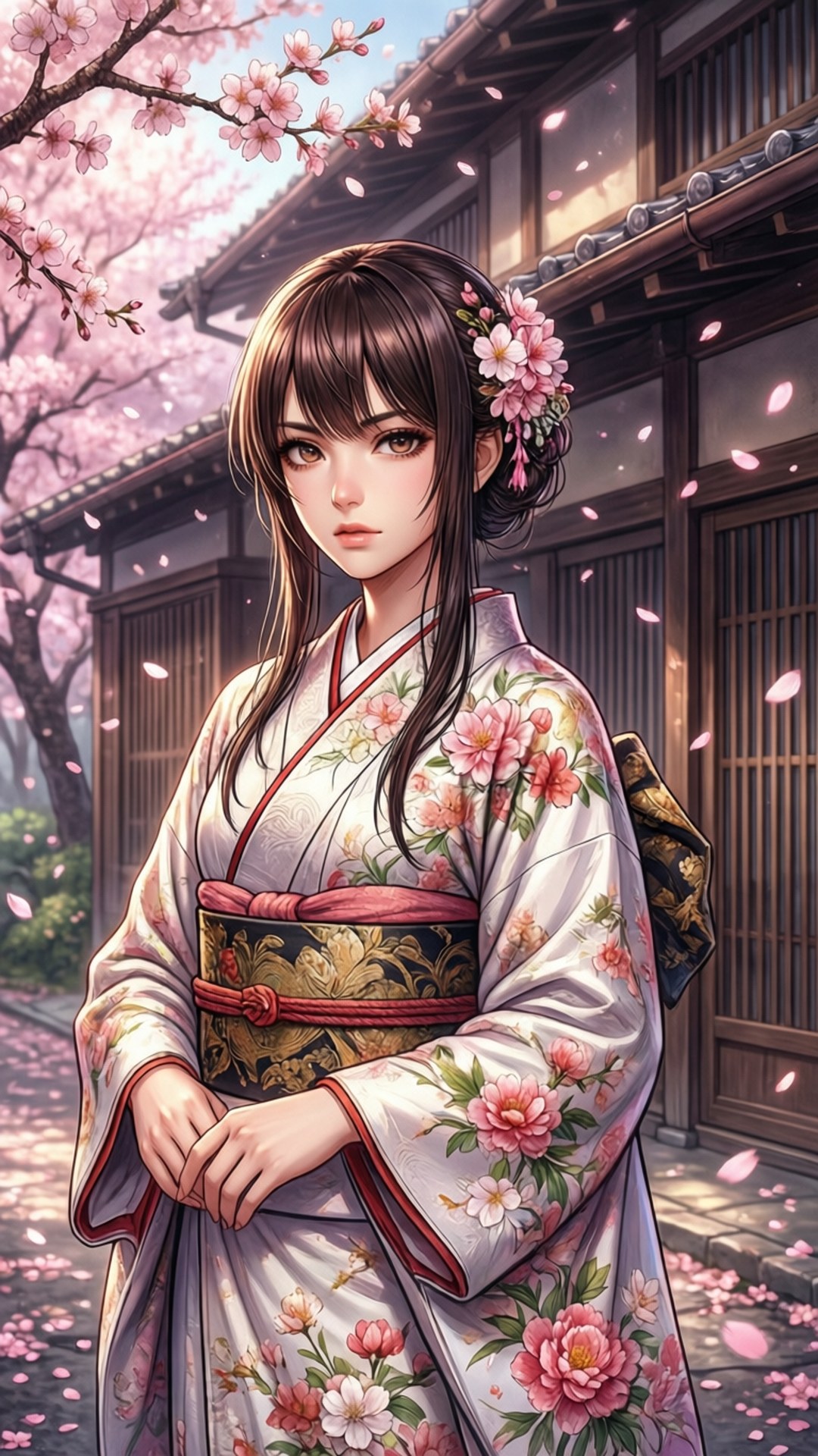 雪子的寧靜 壁紙 — 一位穿著花卉和服的年輕女性站在傳統日本庭院中盛開的櫻花下。