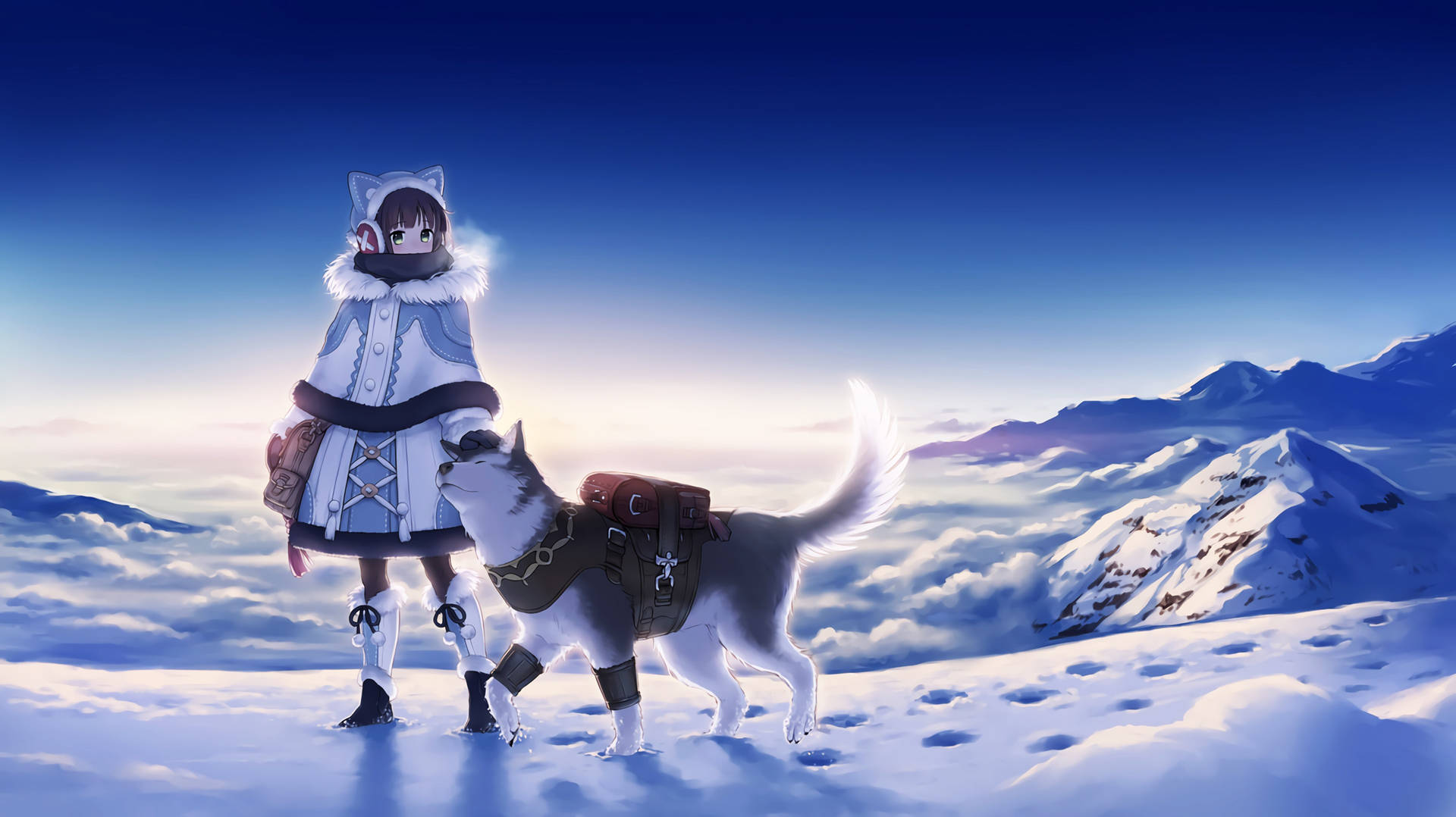 女孩和哈士奇站在雲層之上的雪山頂上，日出時分。