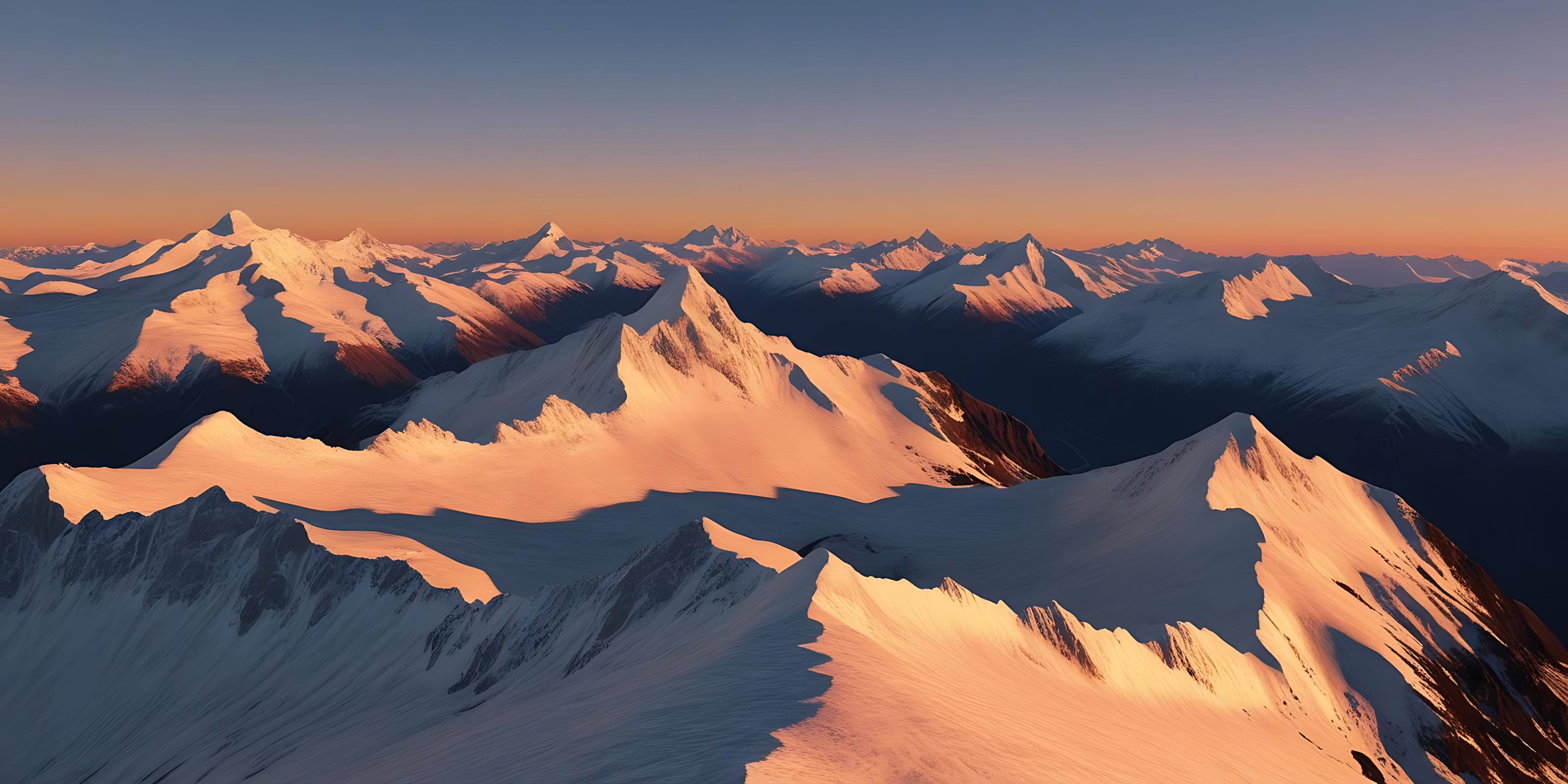 雪山之巔的陽光 壁紙 — 夕陽將積雪的山峰沐浴在溫暖的橙色光芒中，映襯著漸變的天空。