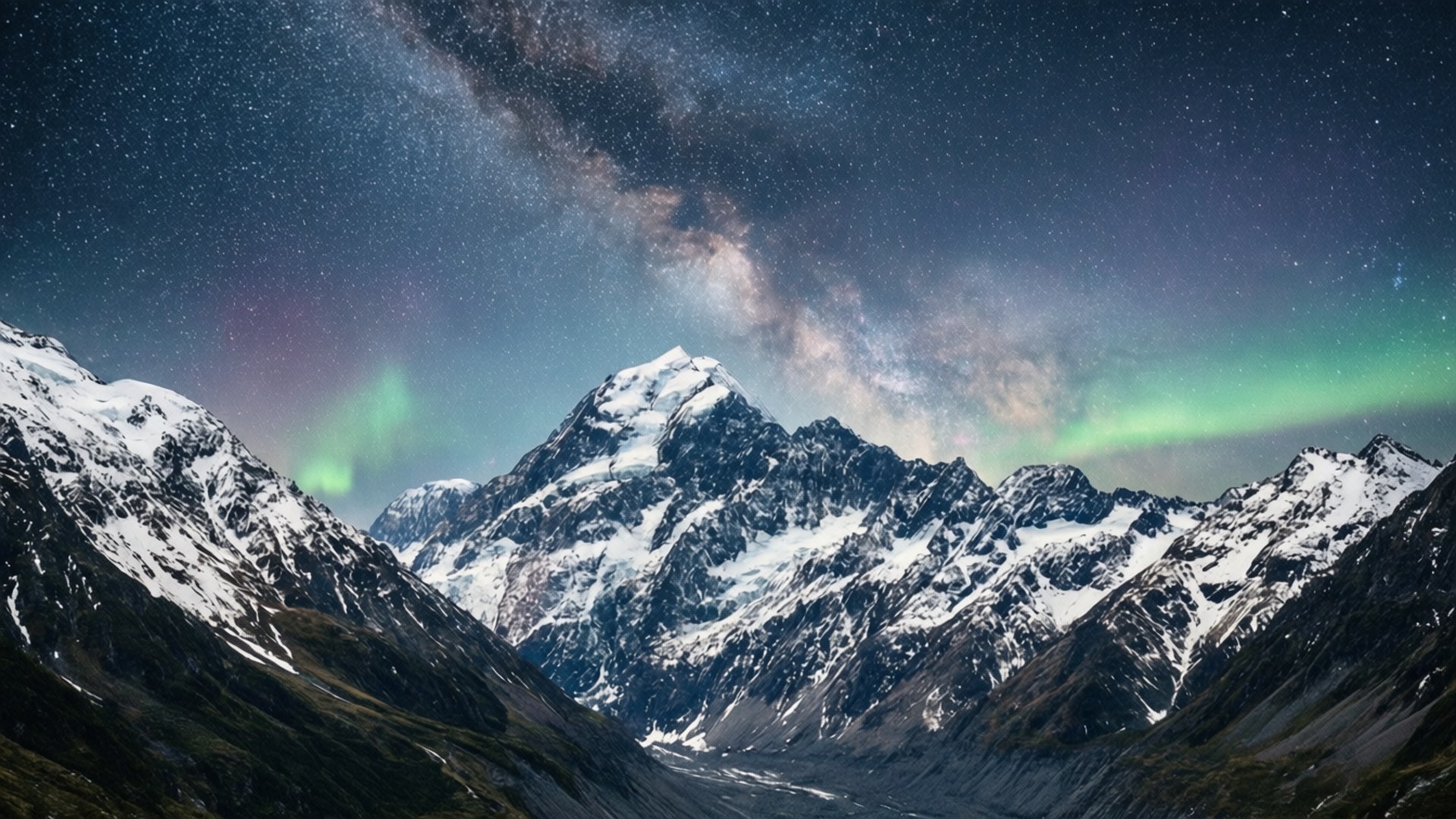 星空下白雪覆蓋的山峰，可見綠色北極光和銀河