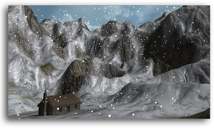 雪山孤屋 壁紙 — 一間孤獨的石屋坐落在白雪覆蓋的山谷中，天空多雲，雪花飄落。