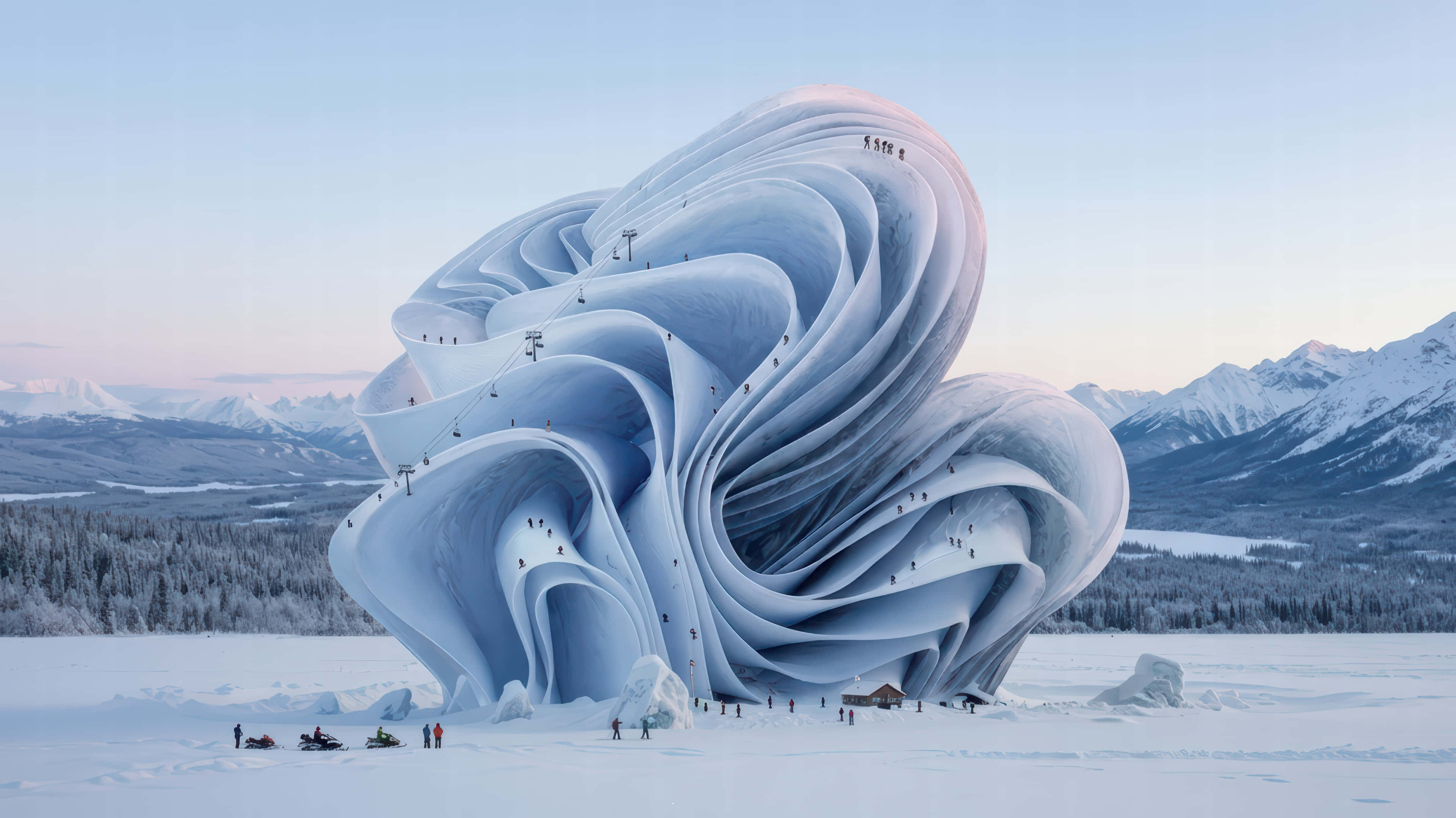 雪山盛放模組化桌面壁紙 壁紙 — 一個巨大的旋轉冰雕從雪原中升起，滑雪者攀爬其冰凍的山脊，背景是山脈。