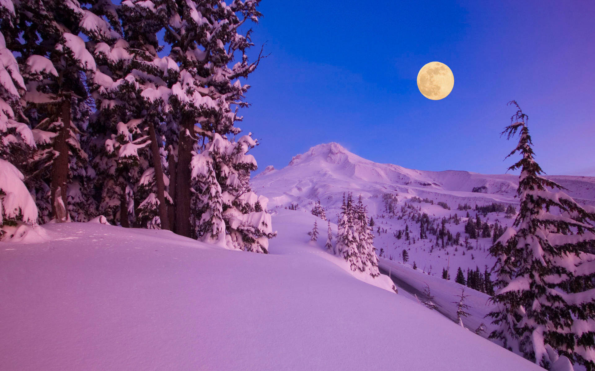 暮色中滿月照耀下的雪山景觀。