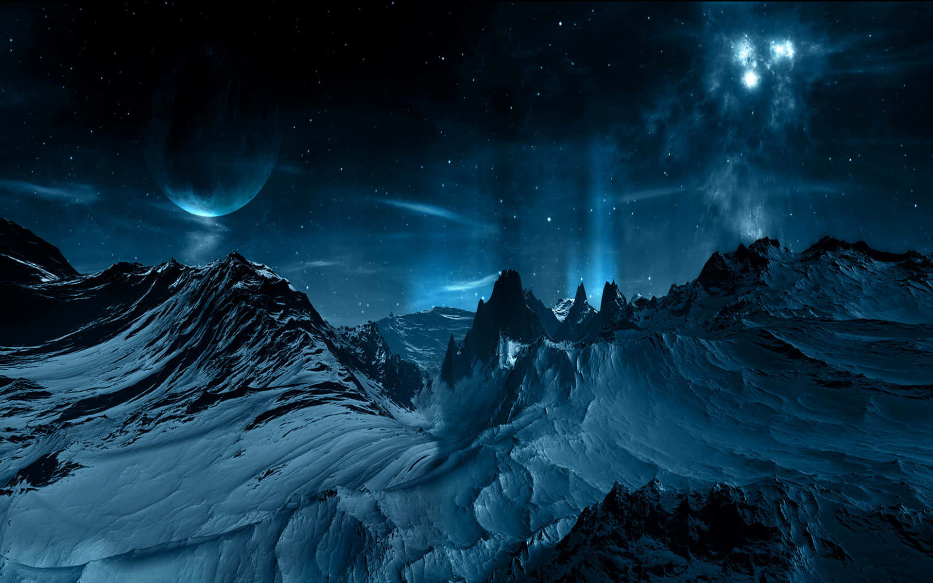 在宇宙夜空下，白雪覆蓋的山脈，伴隨著極光和行星。