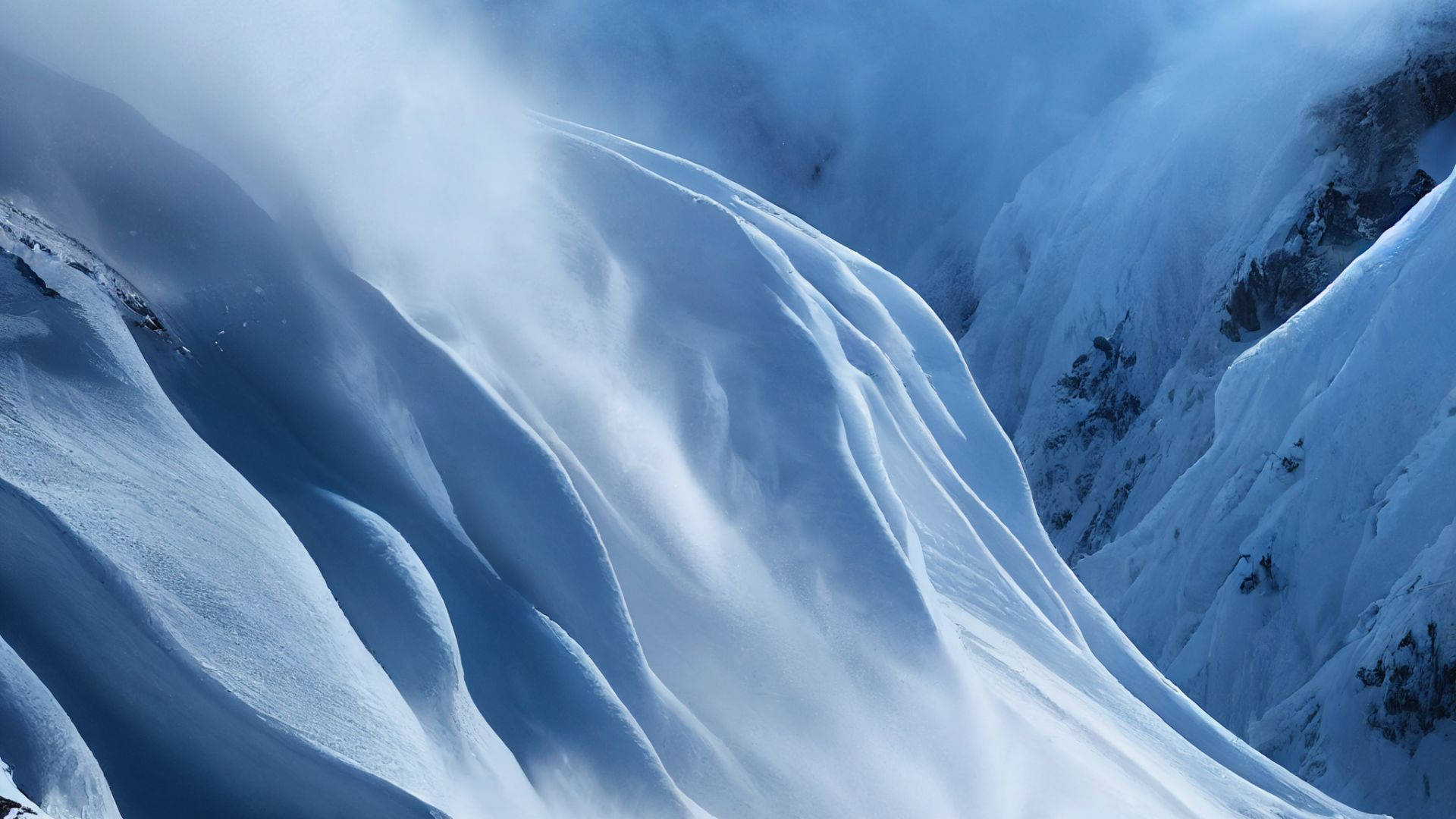 雪崩坡地 壁紙 — 白雪覆蓋陡峭的山坡，營造出寧靜的冬日景象，帶有柔和的藍色調和飄浮的薄霧。