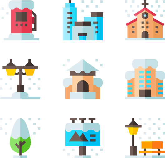 雪景下各類建築物圖示 壁紙 — 像素藝術圖標，描繪雪中冬季建築和物體，如教堂、加油站和長椅，背景為黑色。
