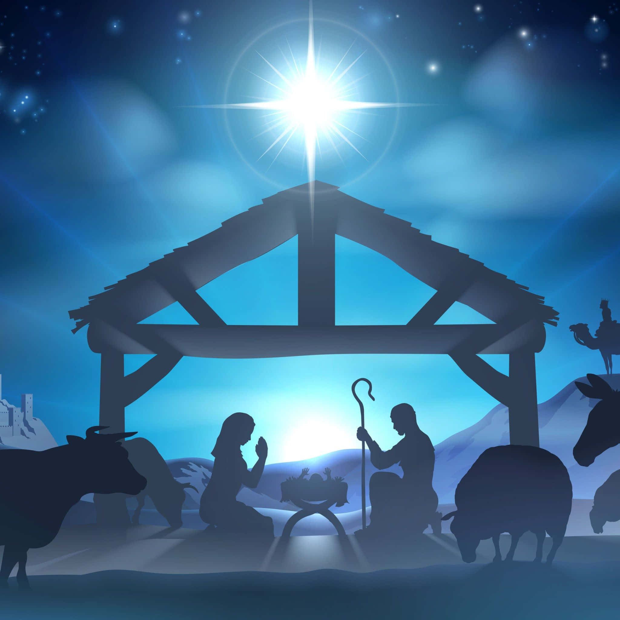 Nativity 桌布 壁紙 — 雪景中，在璀璨星光下，剪影呈現的耶穌誕生場景，有跪拜的人物和動物。