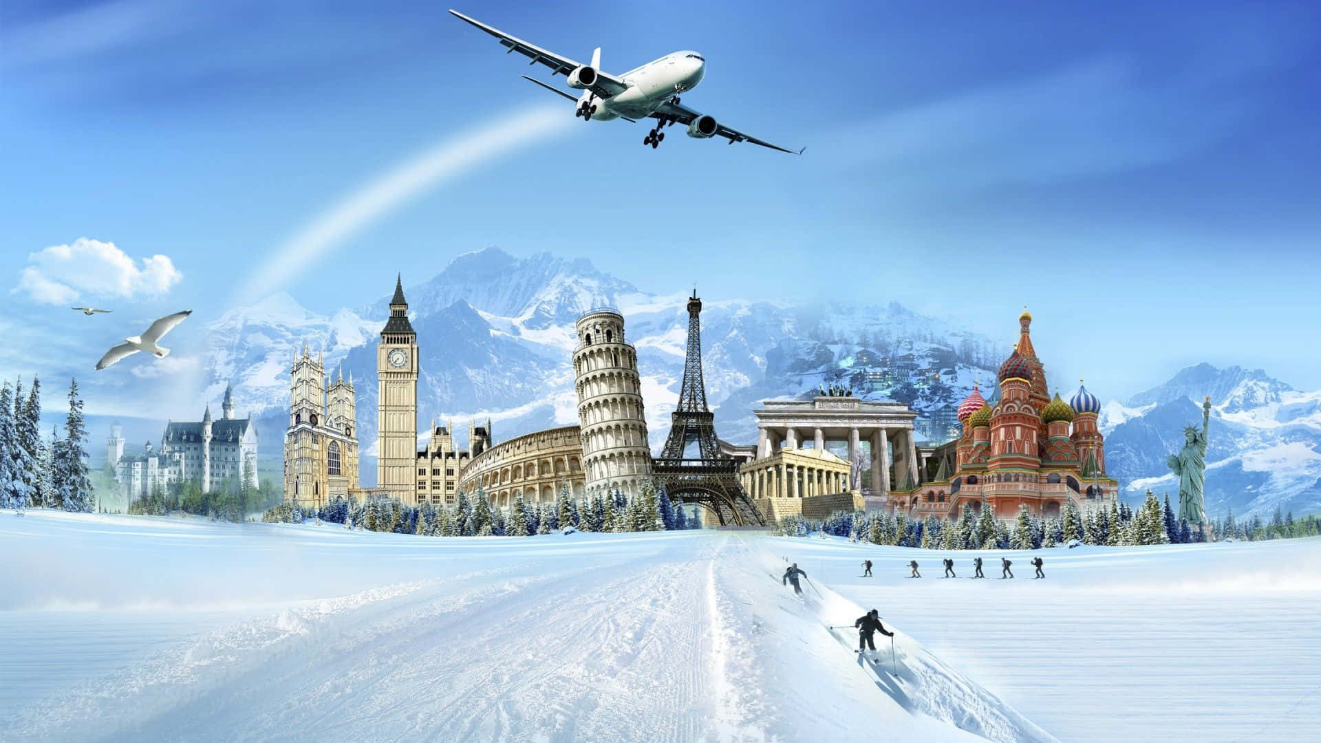 3d Travel 桌布 壁紙 — 雪景中呈現標誌性的全球地標，如大笨鐘和艾菲爾鐵塔，在藍天下有飛機飛過和滑雪者在下方的場景。