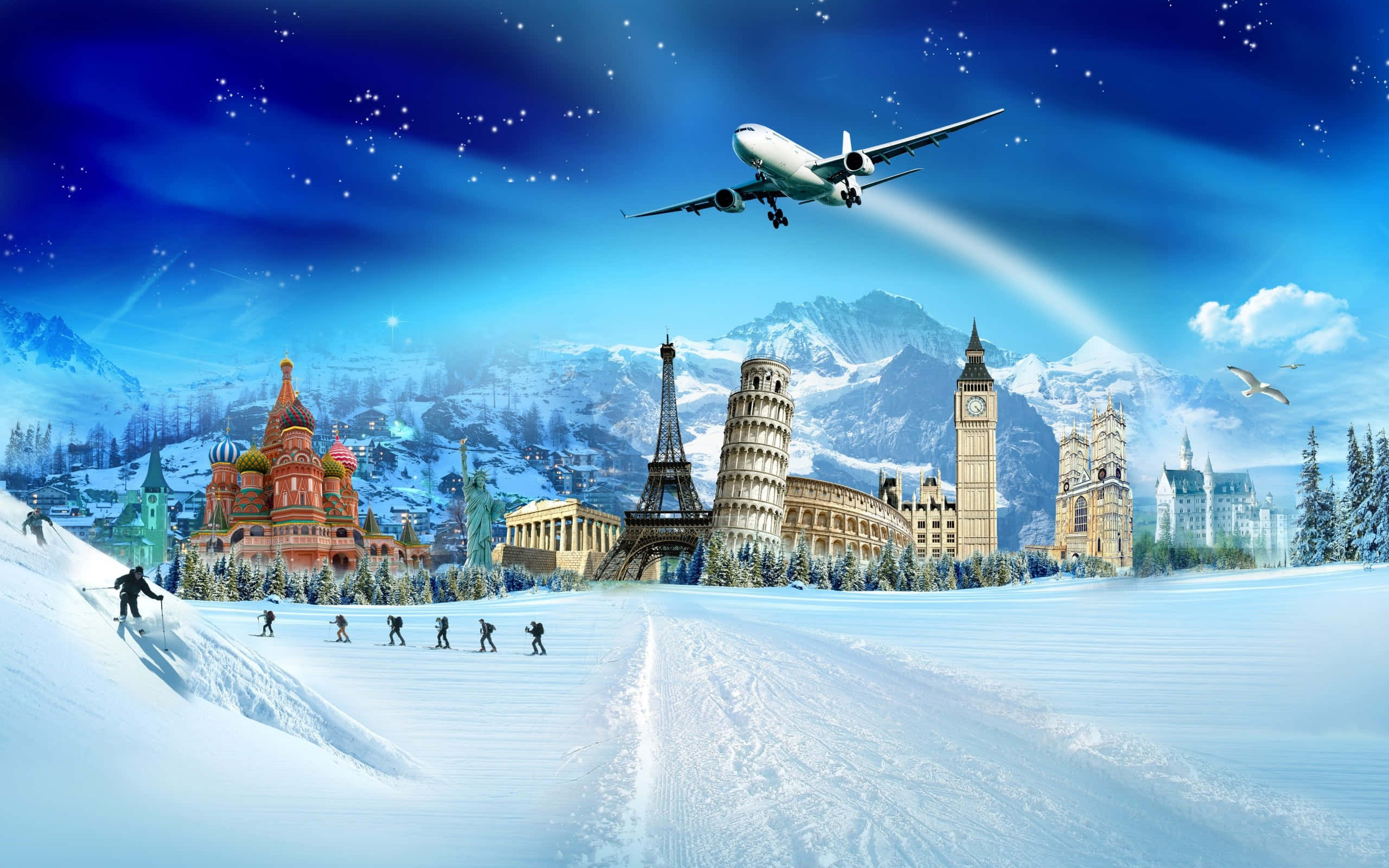 Beautiful Travel 桌布 壁紙 — 雪景中展現全球地標，如艾菲爾鐵塔和大笨鐘，在星空下有一架飛機飛過。