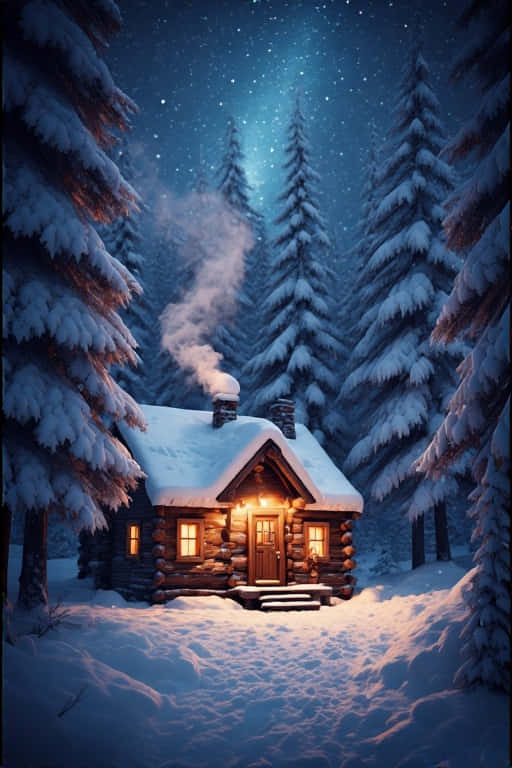 雪景冬日松林木屋 魔幻氛圍 4K 壁紙 — 一間舒適的雪覆蓋木屋在繁星點點的夜空下溫暖地發光，周圍是高聳的松樹。