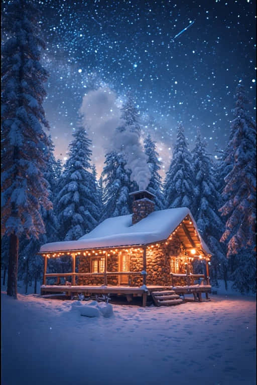 雪景冬日松林木屋 魔幻氛圍 4K 壁紙 — 一間舒適的雪覆蓋木屋，溫暖的串燈在星空下閃爍，上方有一顆流星。
