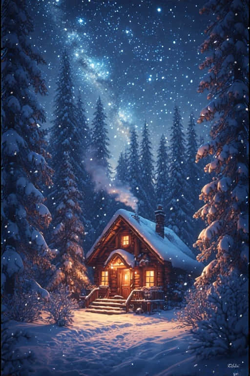 雪景冬日松林木屋 魔幻氛圍 4K 壁紙 — 一間舒適的雪覆蓋小屋在星空下溫暖地發光，飄雪和松樹。