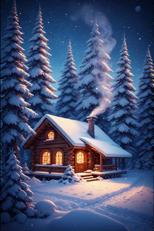 雪景冬日松林木屋 魔幻氛圍 4K 壁紙 — 一間舒適的雪覆蓋木屋，有溫暖發光的窗戶和升起的煙霧，坐落在高聳的松樹林中，在繁星點點的冬夜天空下。