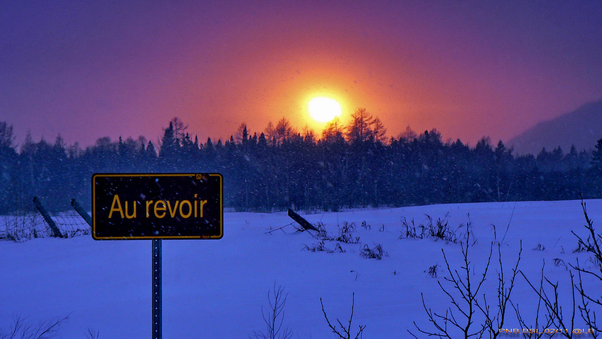 日落時分的雪地，有一個法文標誌寫著 Au revoir。