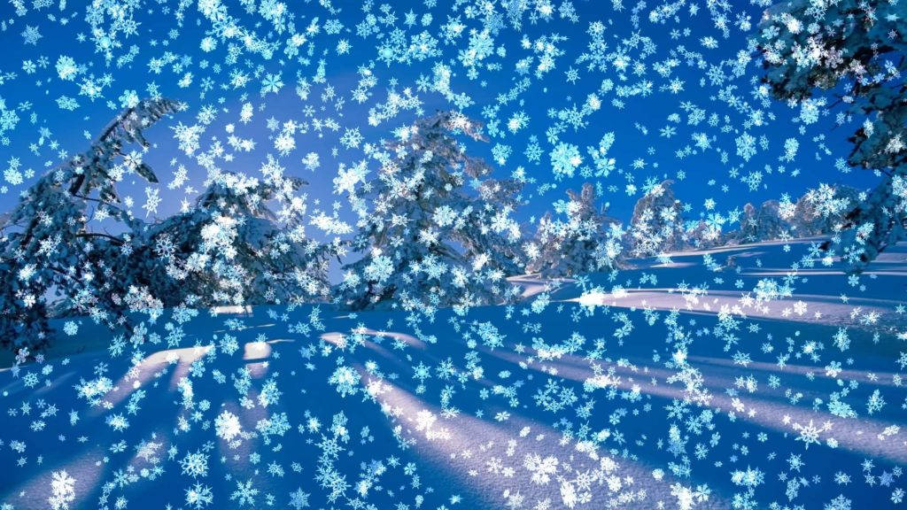 雪花飄落在白雪覆蓋的松樹上，呈現明亮的藍色冬日場景。