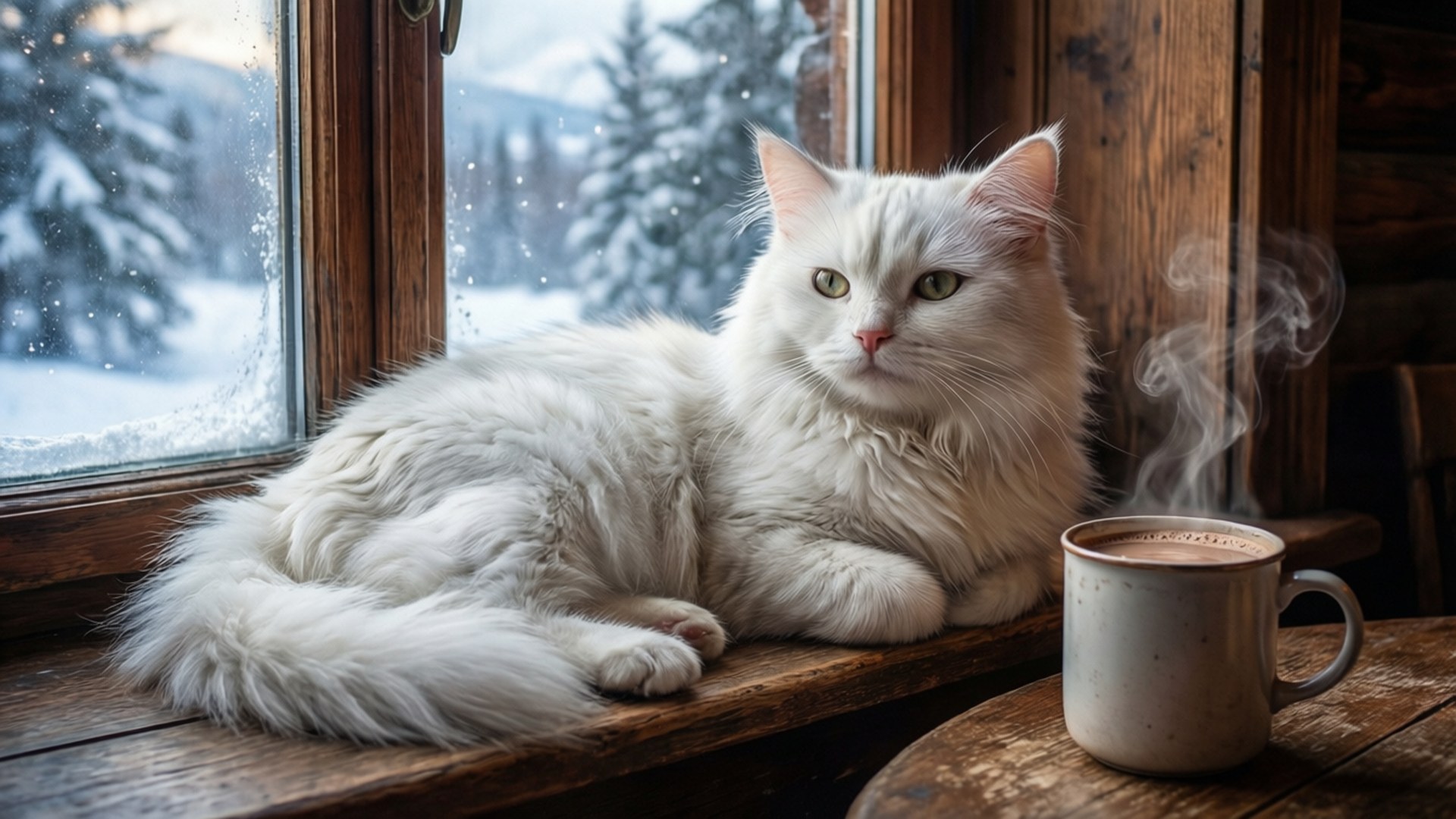 白貓在積雪窗邊，木桌上放著冒熱氣的杯子