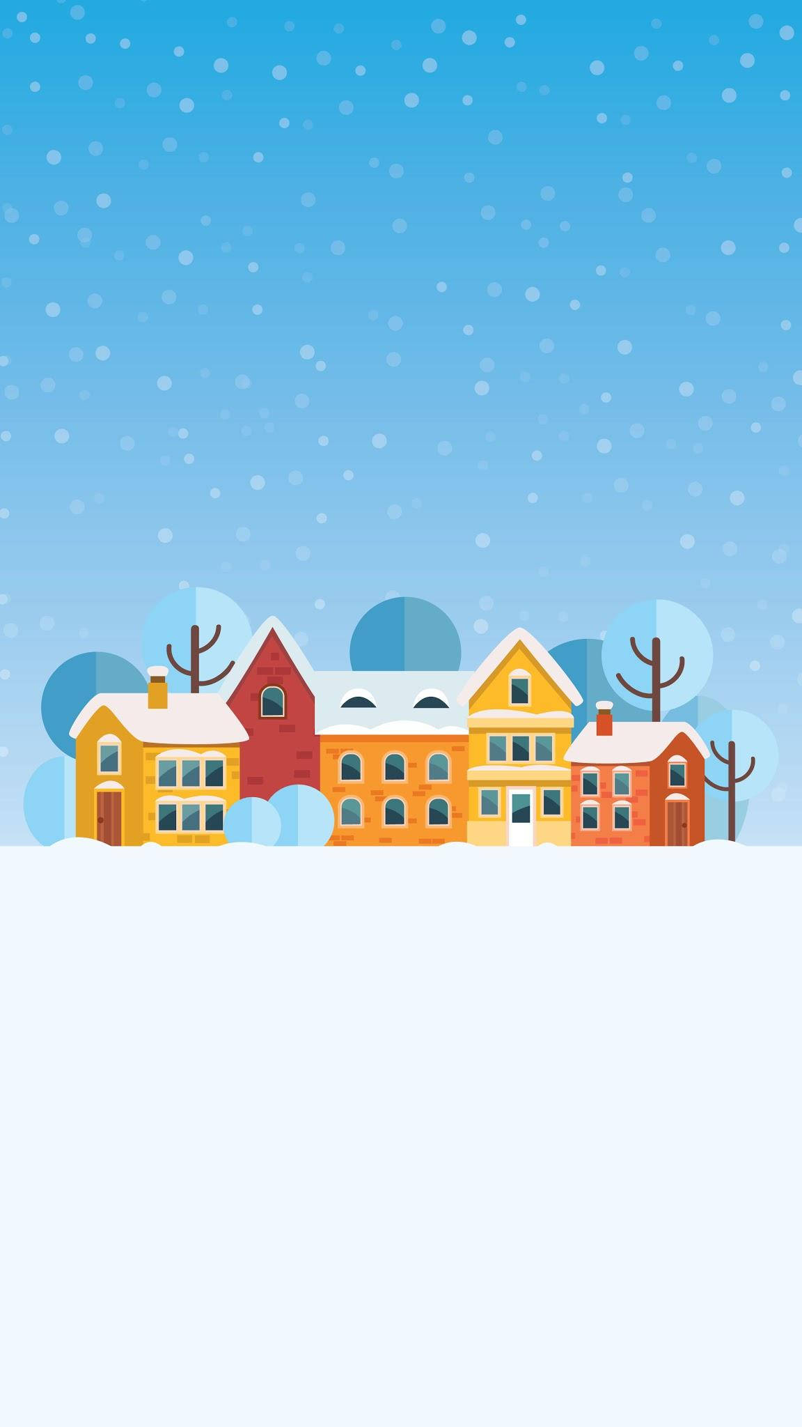 雪景聖誕街簡約 iPhone 壁紙 — 色彩繽紛的卡通房屋，屋頂覆蓋著白雪，光禿禿的樹木，藍天下飄落著雪花。