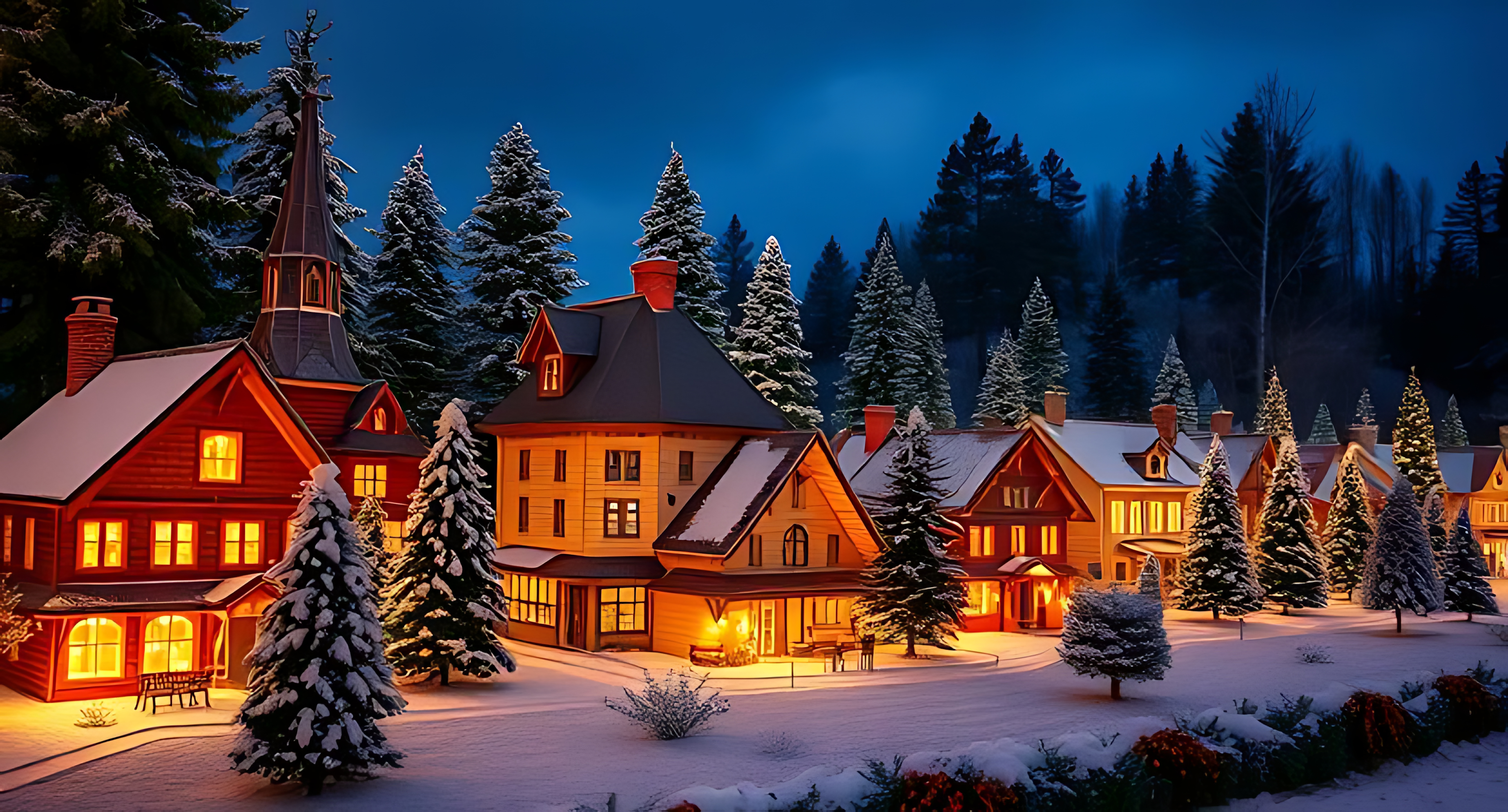 雪村夜景 壁紙 — 白雪覆蓋著舒適的木屋，窗戶透出光芒，坐落在常綠樹叢中，背景是深藍色的暮色天空。
