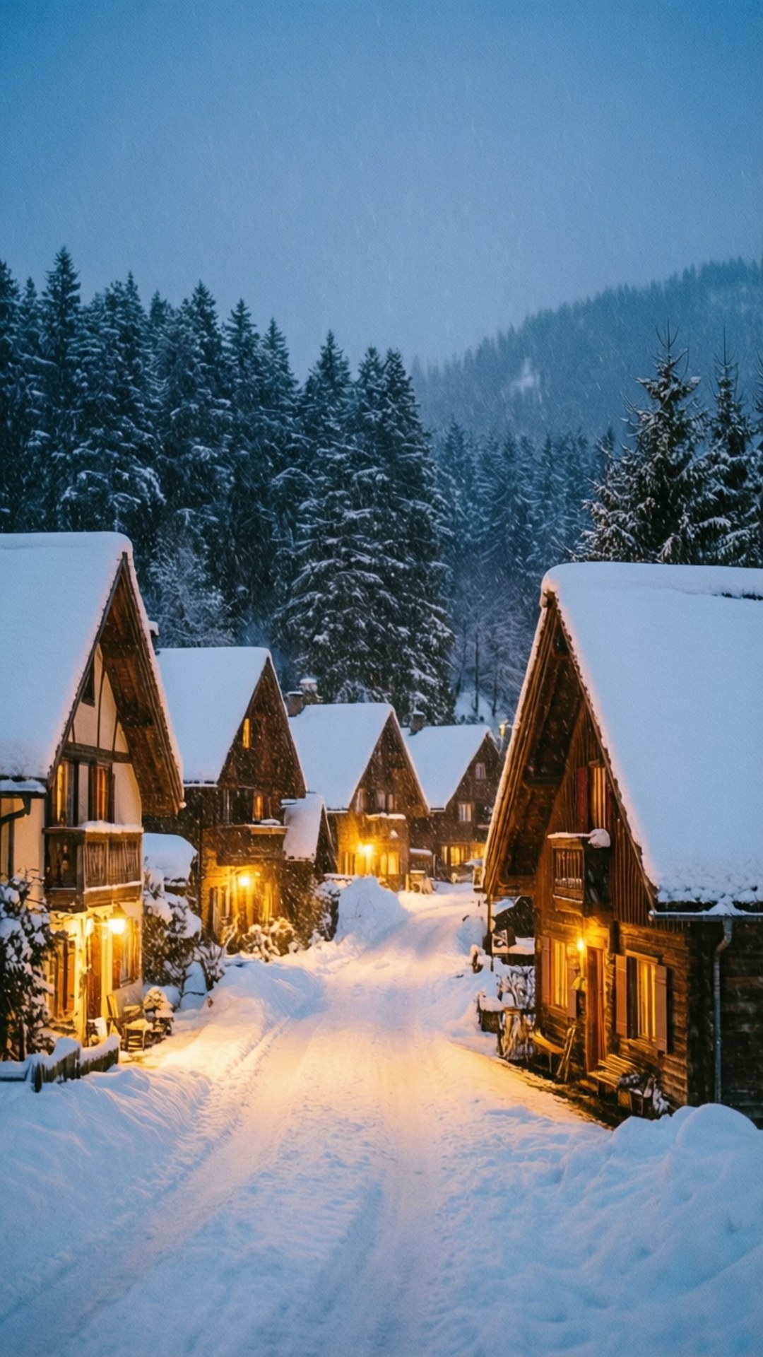 白雪覆蓋的木屋散發著溫暖的燈光，照亮寧靜的冬季村莊街道。