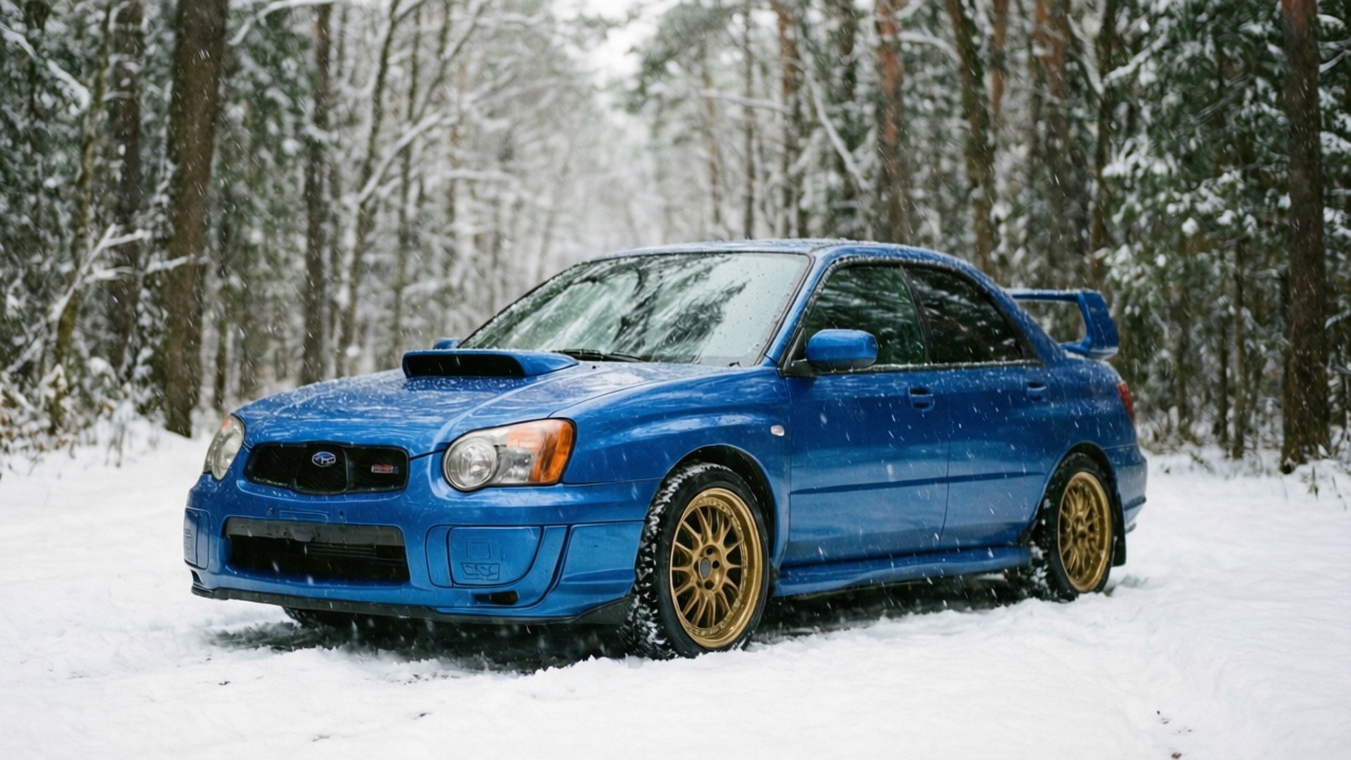 藍色Subaru WRX STI配金色輪圈停泊在積雪森林中，正值下雪