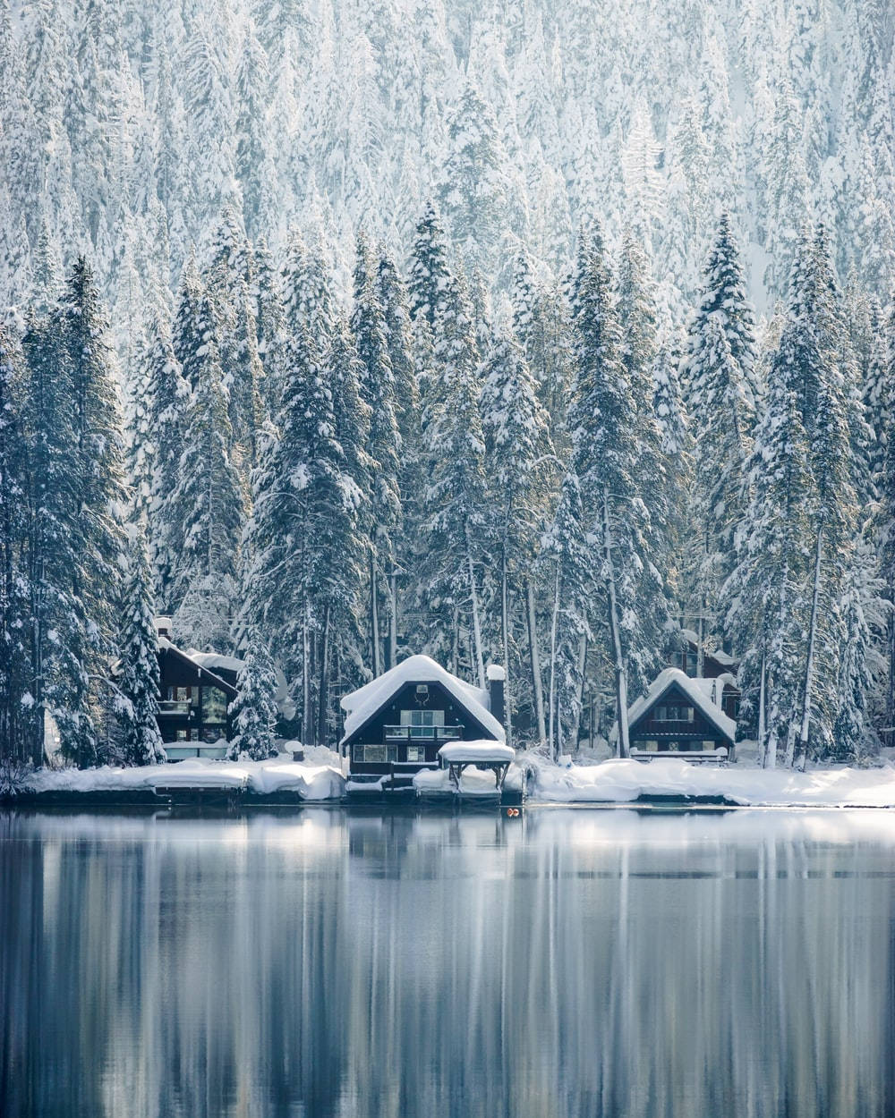 雪林中的冬日小屋 壁紙 — 被雪覆蓋的小屋坐落在結冰的湖邊，在平靜的水面上完美倒映，四周環繞著茂密的常綠森林。