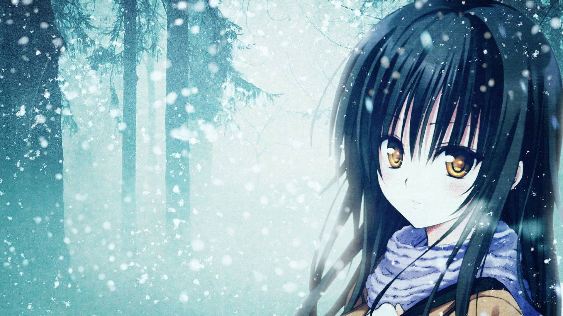 擁有深色頭髮和金色眼睛的動漫女孩，在雪森林中。