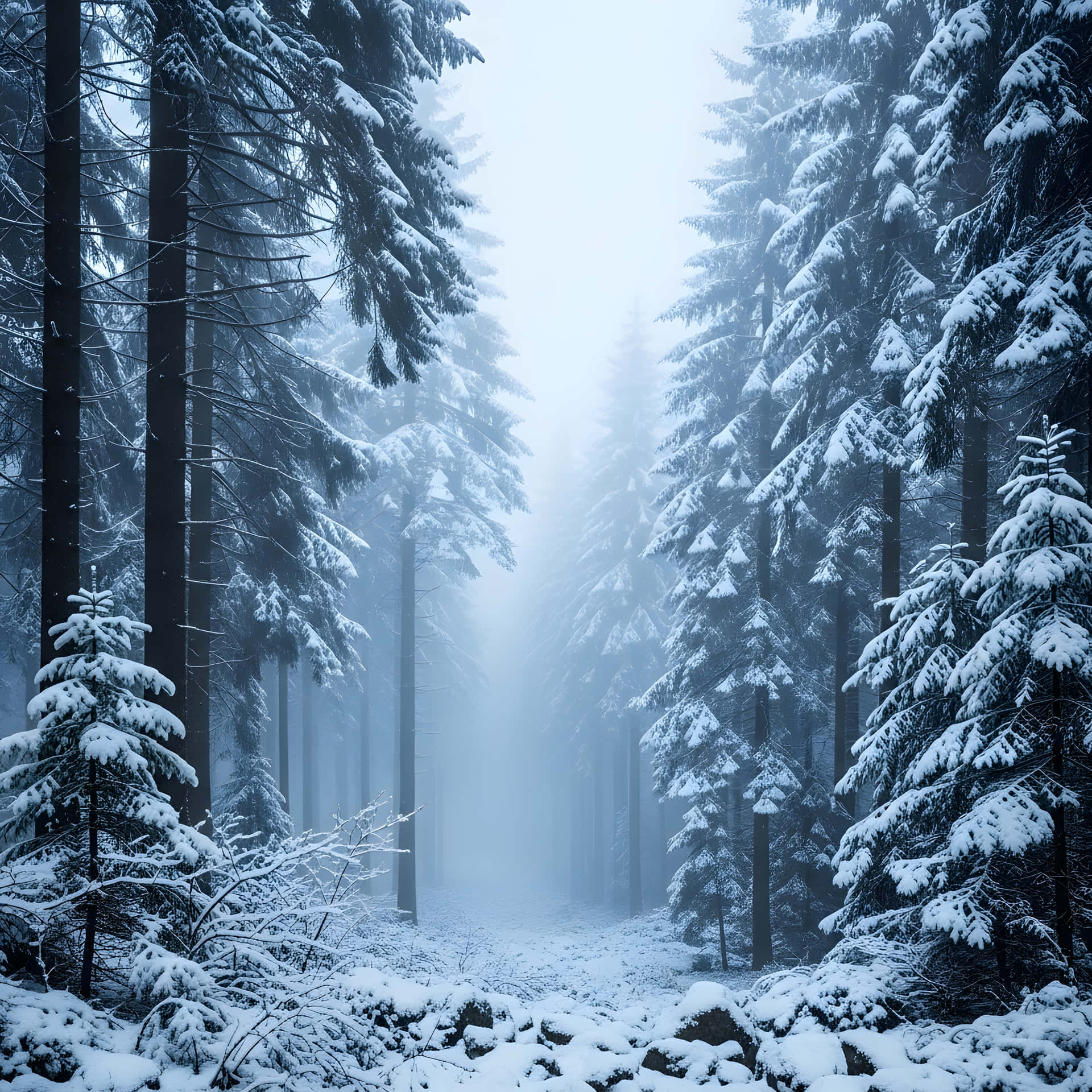 雪覆蓋的森林小徑，兩旁是高聳的常綠樹，天空朦朧湛藍
