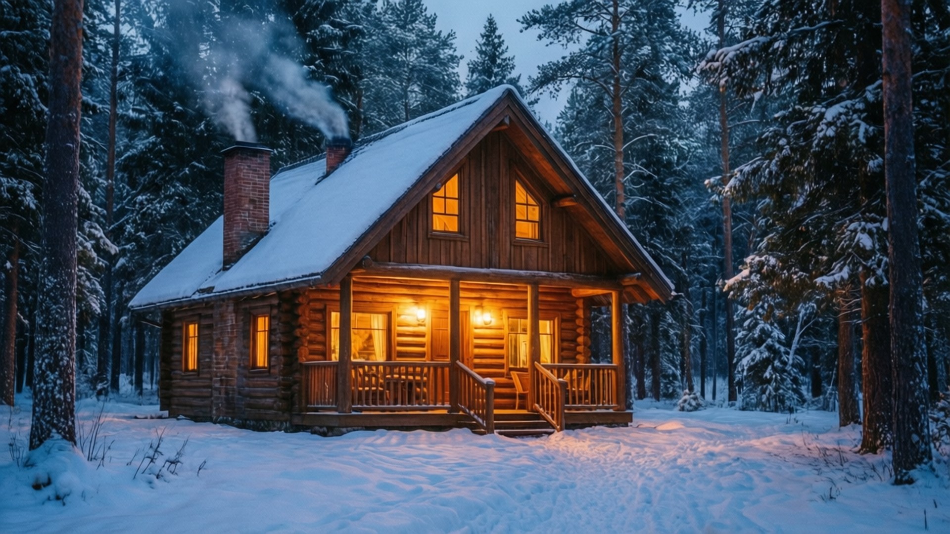 雪覆蓋的森林中的木屋，溫暖的燈光和煙囪的煙