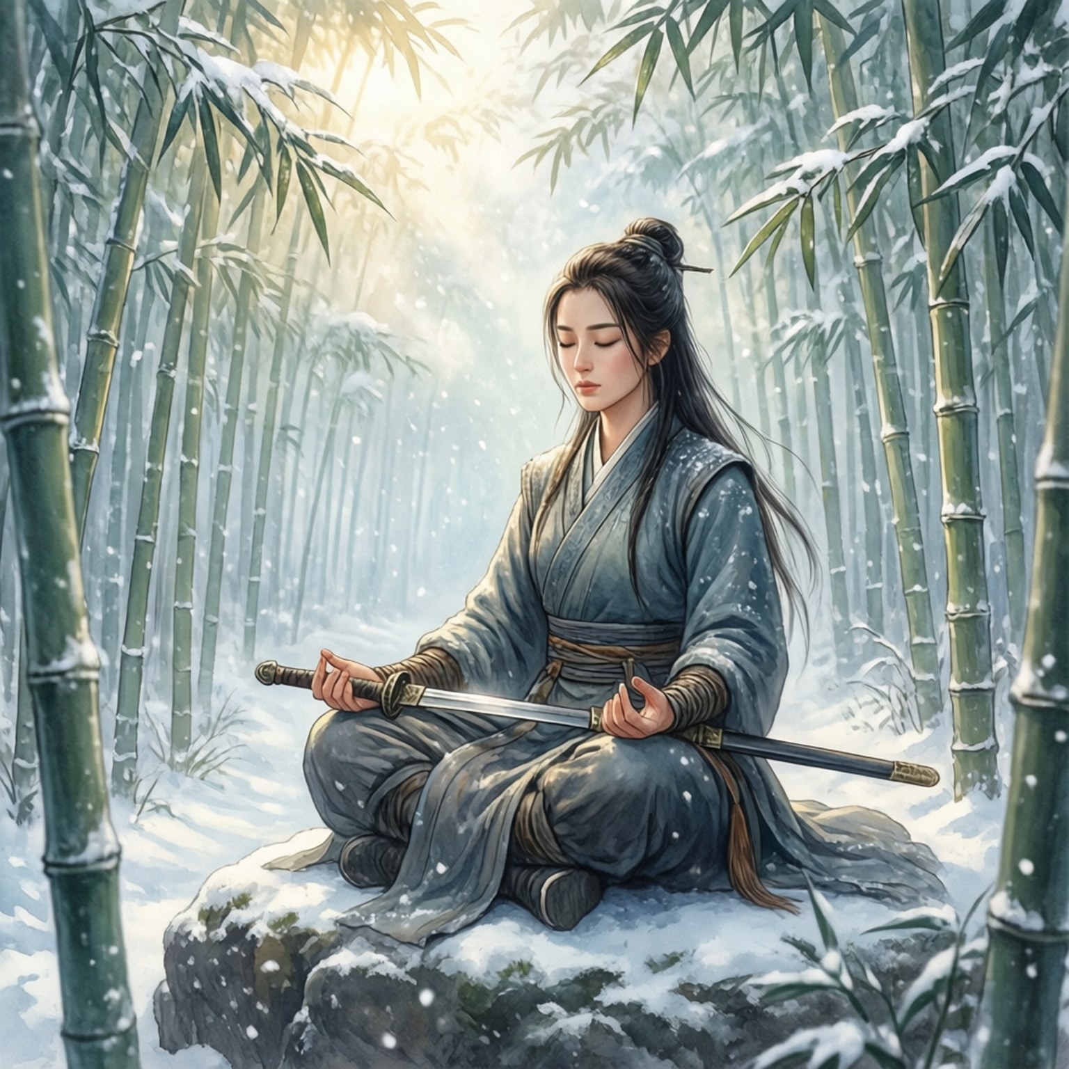 一位武士在雪竹林裡持劍冥想。