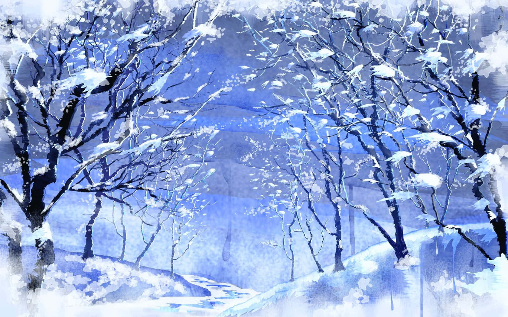 雪林美景 壁紙 — 白雪覆蓋著光禿禿的樹木，一片寧靜的冬日森林以清涼的藍色和白色水彩調繪製。