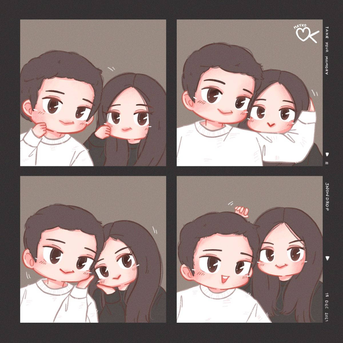 《雪滴花》Hae-In與Jisoo Q版拼貼 壁紙 — 四個可愛的動漫風格面板展示了一對微笑的情侶擁抱和嬉戲互動，帶有柔和的腮紅色調。
