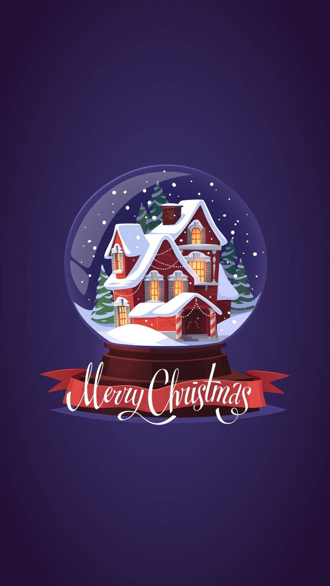 雪球內有紅色房子和樹木，雪花飄落，並有「Merry Christmas」絲帶。