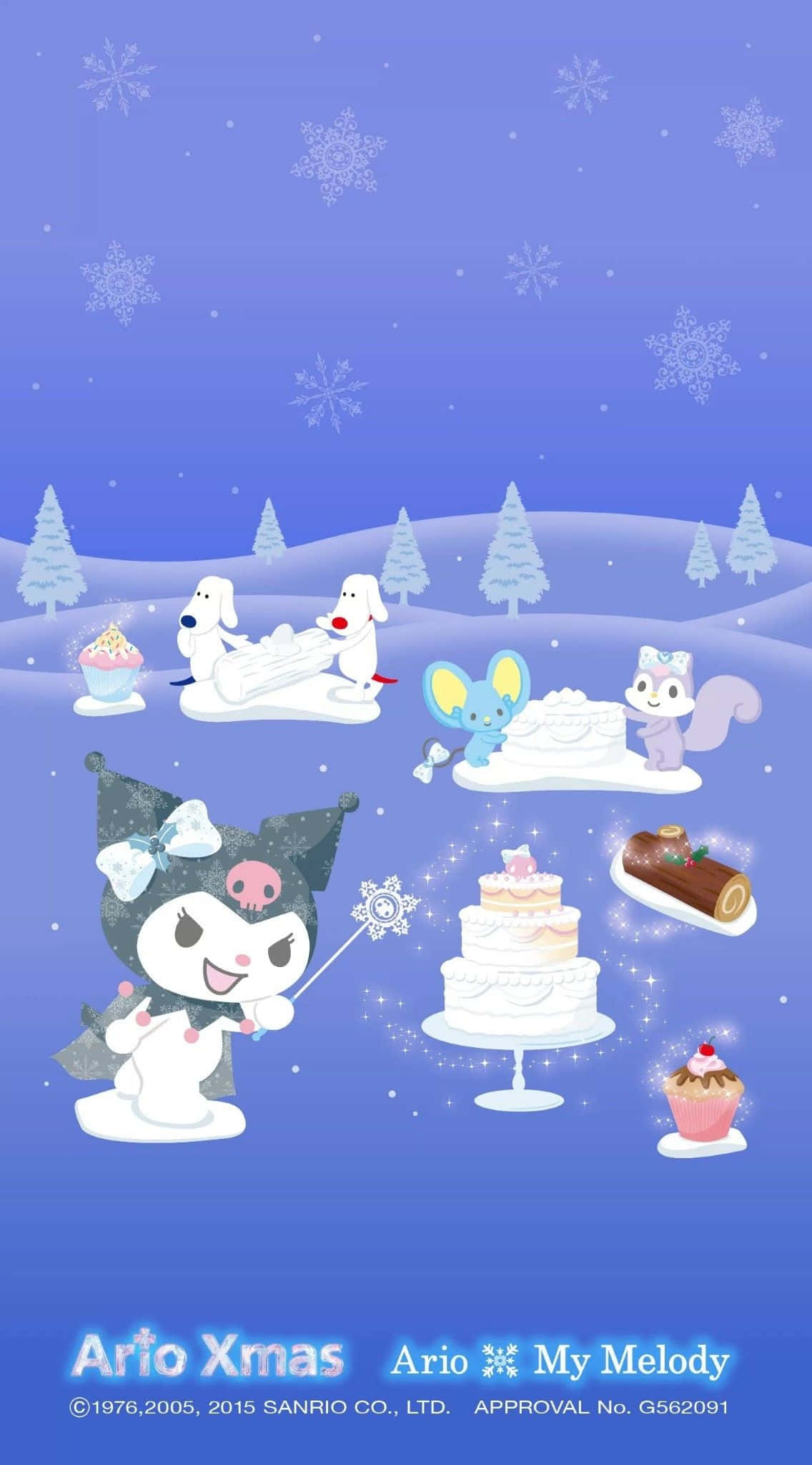 Kuromi Christmas 桌布 壁紙 — 雪白的冬日場景，Sanrio角色在飄落的雪花下享受節日美食，背景是藍色漸變天空。
