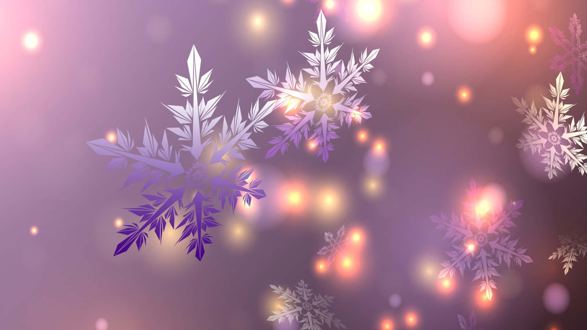 發光的雪花漂浮在紫色散景燈光照亮的冬季場景中。