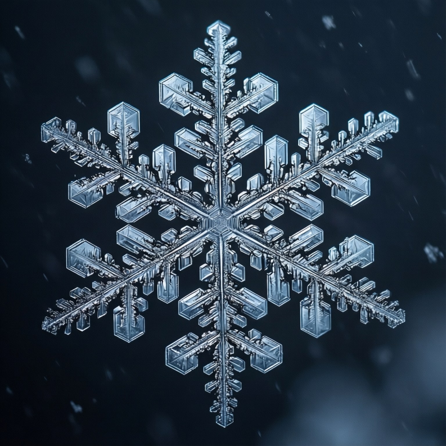 一片詳細的藍色冰晶雪花漂浮在黑暗的雪天空中