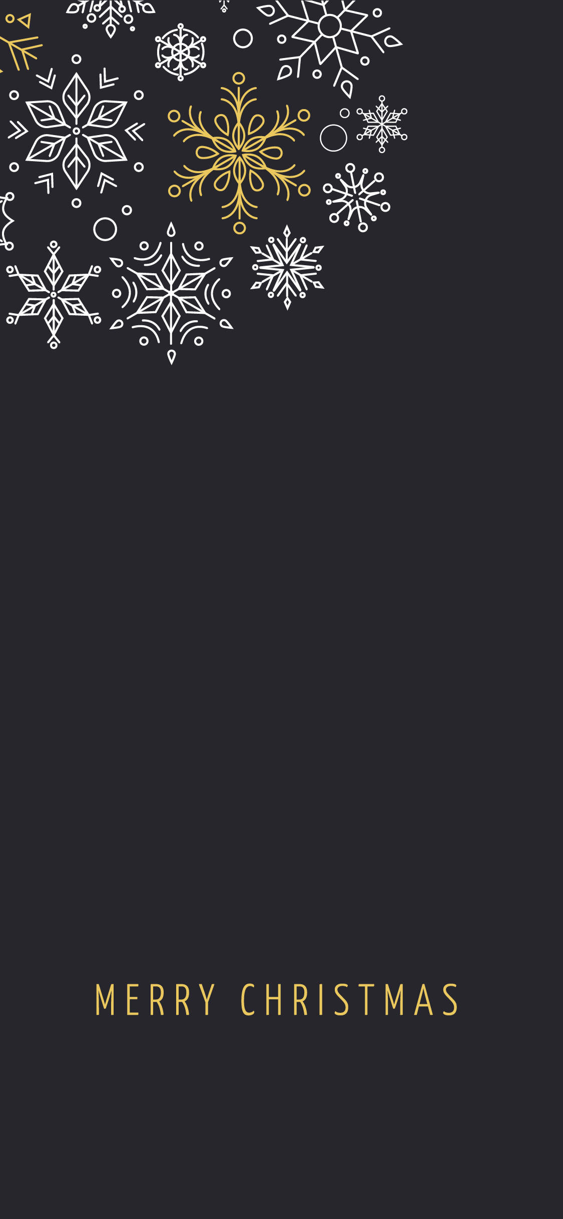 雪花聖誕 iPhone 壁紙 — 優雅的黑色牆紙，飾有白色和金色的雪花，底部有節日「Merry Christmas」文字。
