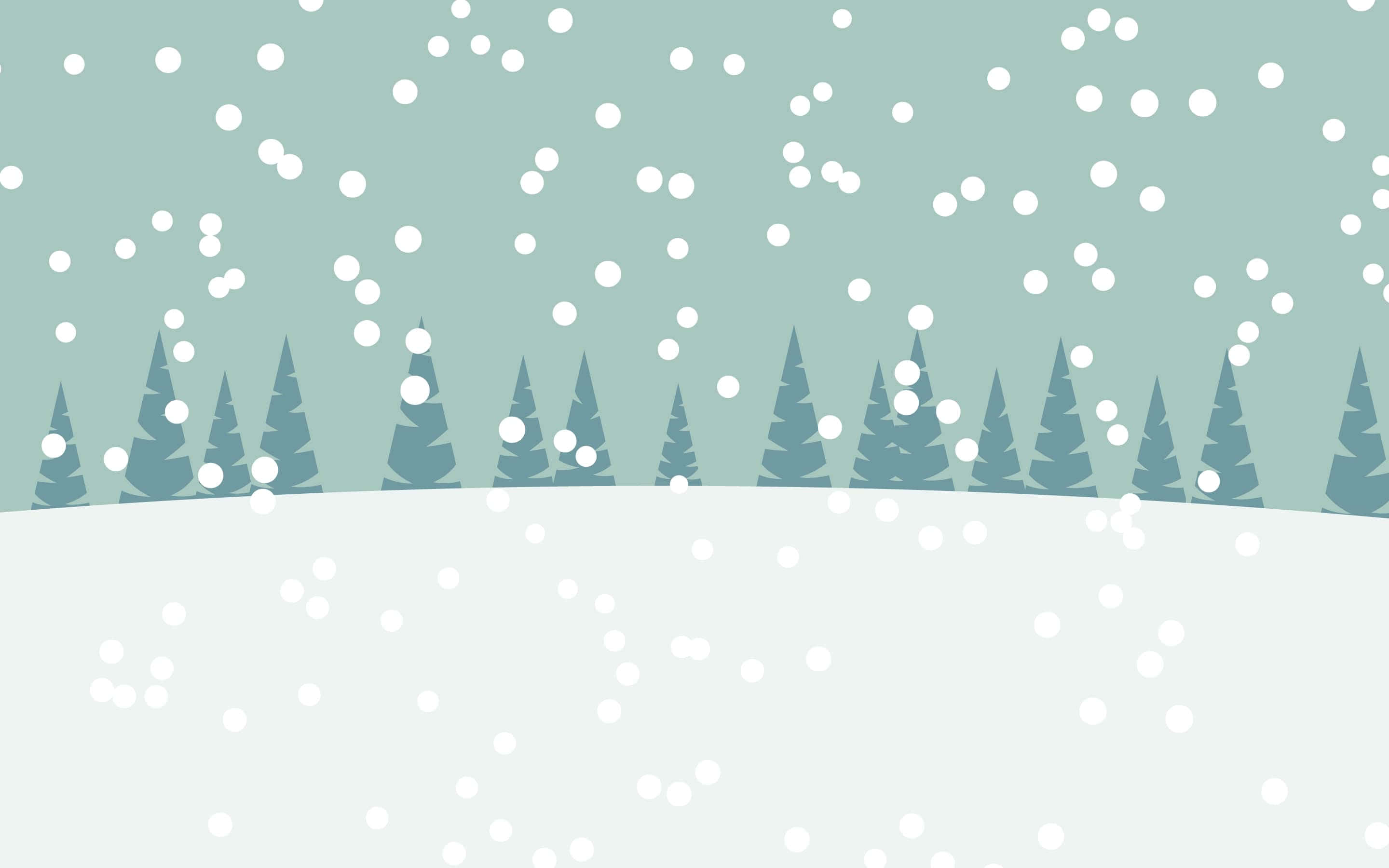 Cute Winter Aesthetic 桌布 壁紙 — 雪花輕輕飄落在寧靜的冬季景觀上，常青樹的剪影映襯著柔和的青綠色天空。
