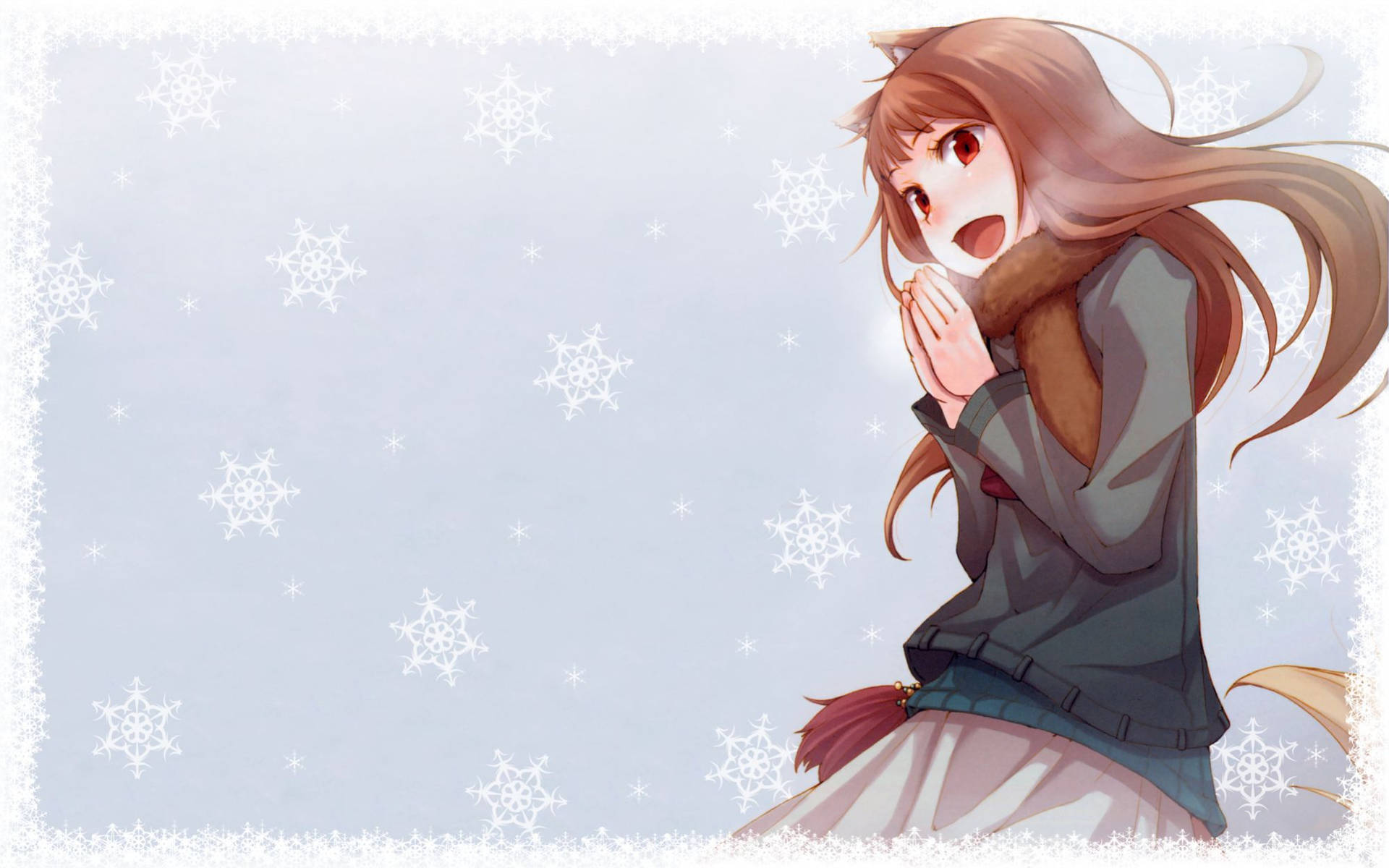 穿著冬季外套的動漫女孩對飄落的雪花做出反應