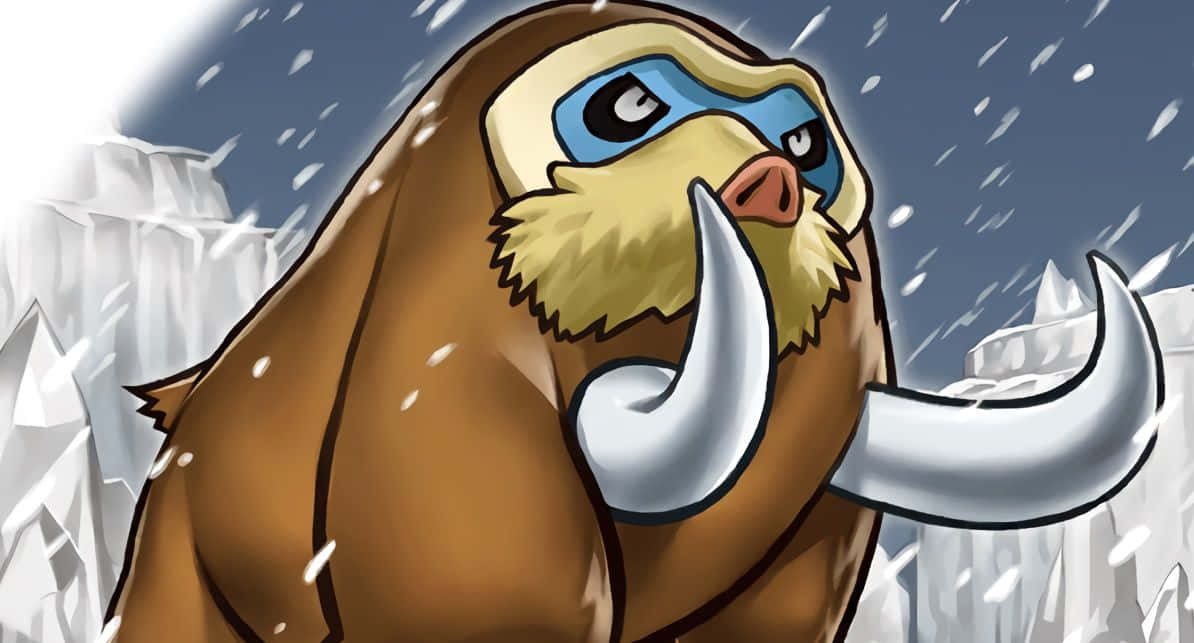 一隻卡通海象在雪白的冰雪環境中戴著護目鏡。