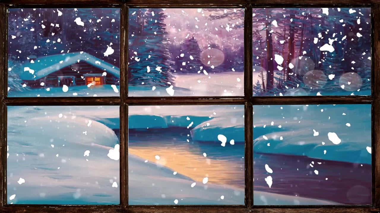 Winter Art 桌布 壁紙 — 雪花飄過木窗，顯露出暮色天空下舒適的小木屋和白雪皚皚的森林。
