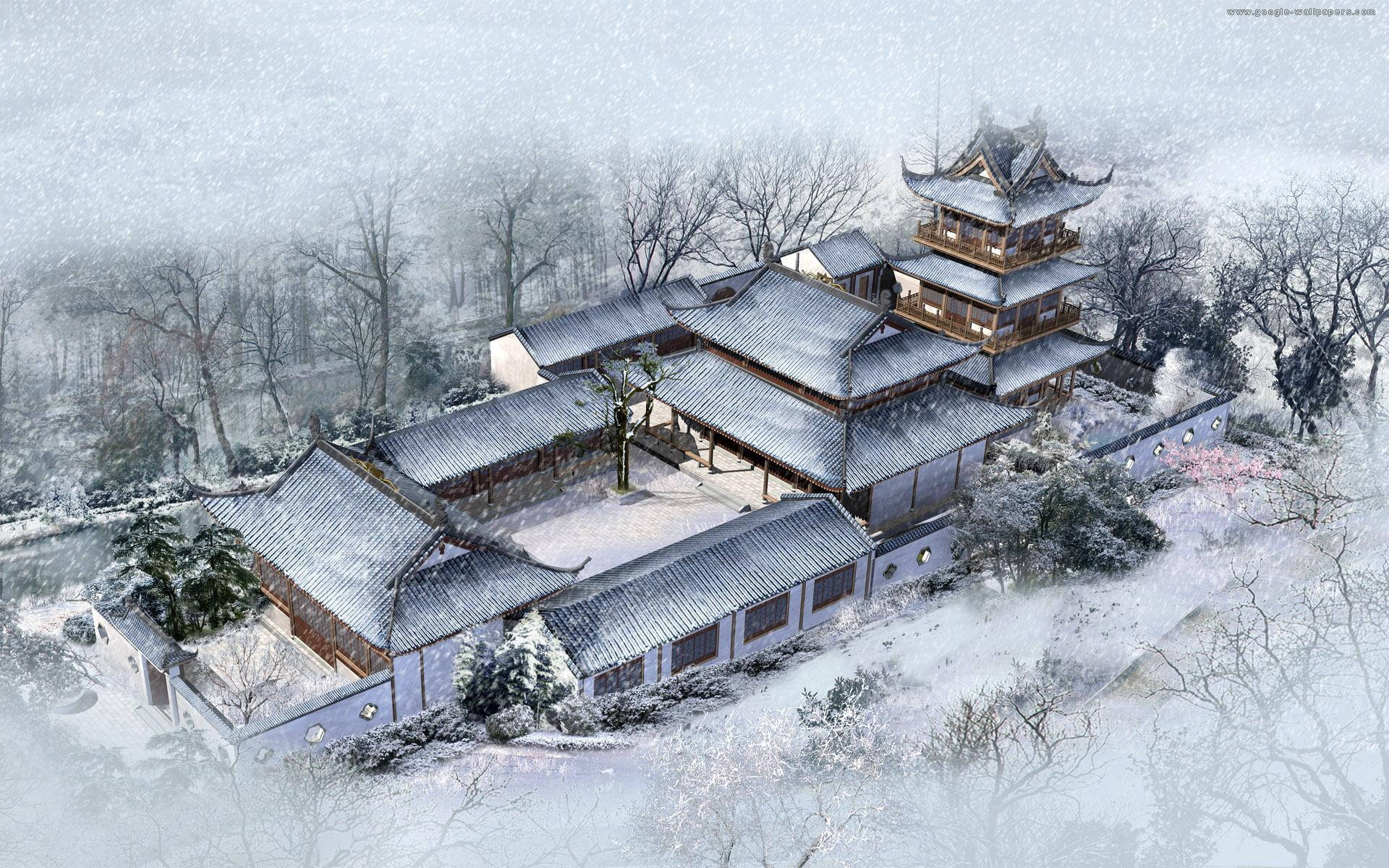 被雪覆蓋的傳統中國寺廟，周圍環繞著光禿的樹木和霧氣。