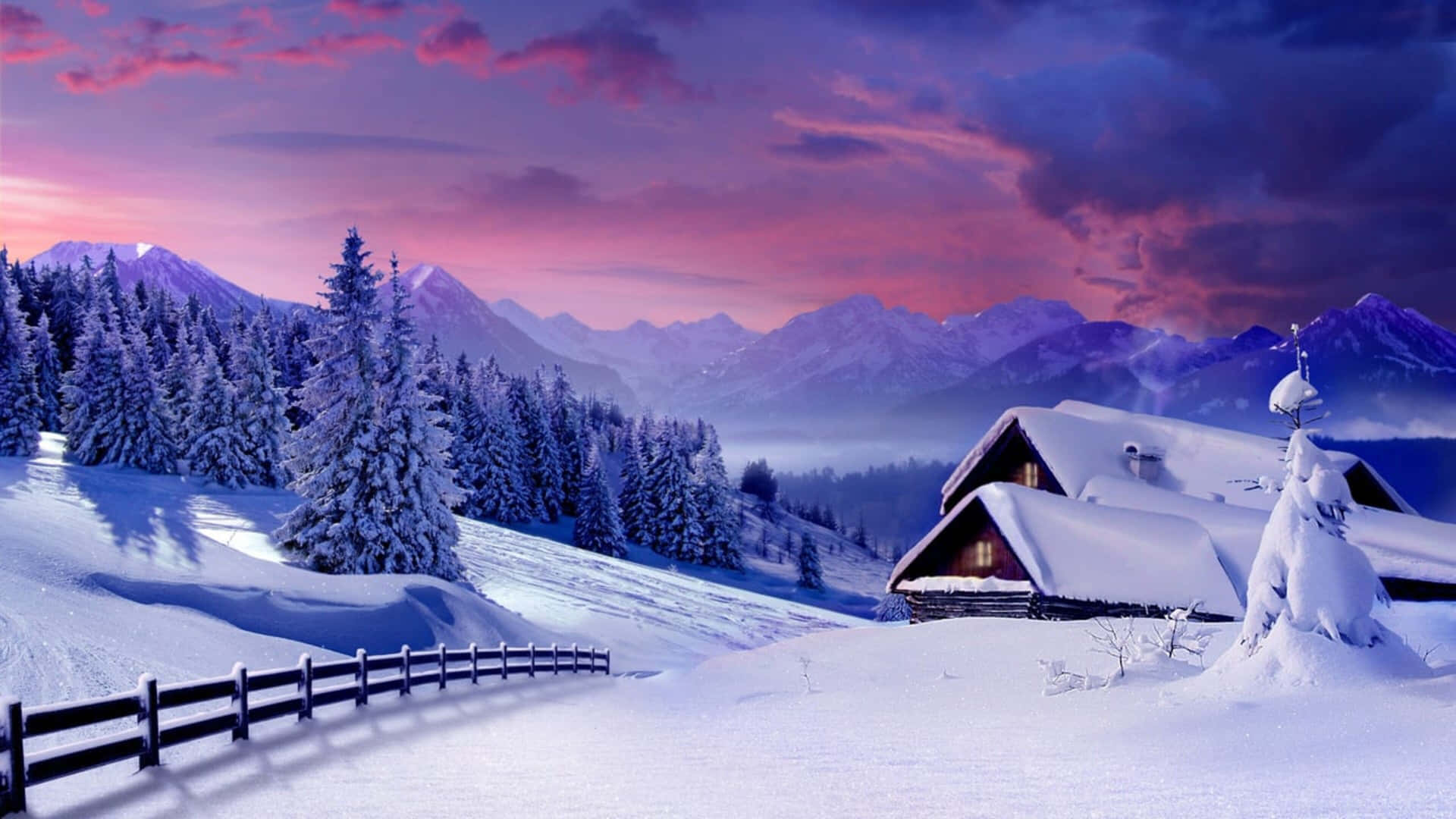 冬季山區的雪屋，日落時分粉紅和紫色的天空。