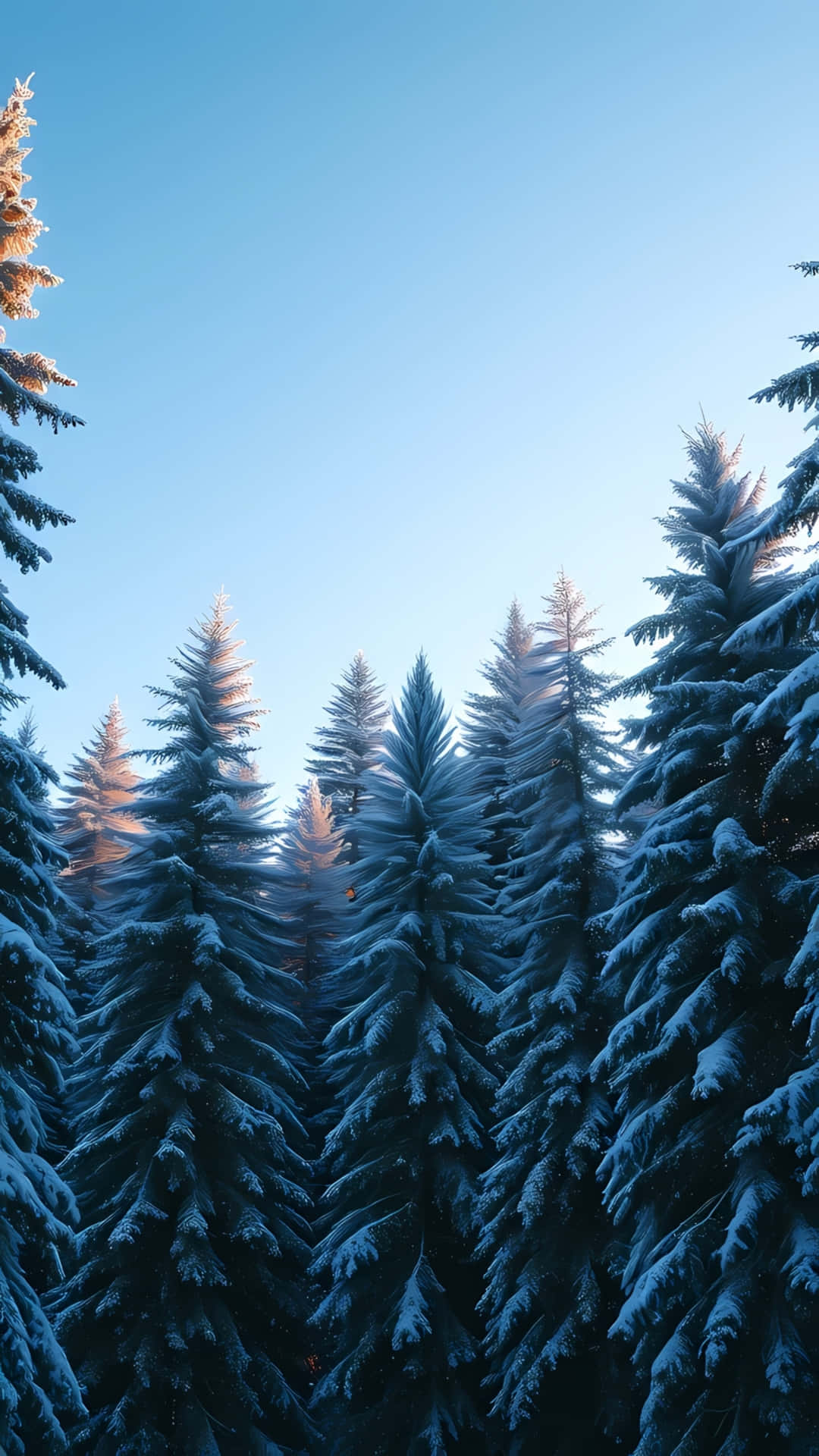 白雪覆蓋的松樹在清澈的藍天下沐浴著金色的陽光。
