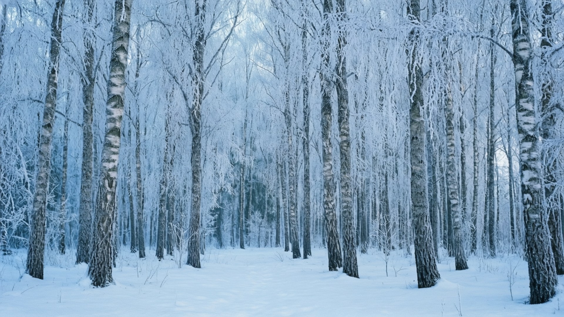 寂靜冬日森林中積雪的白樺樹，枝頭掛著霜。